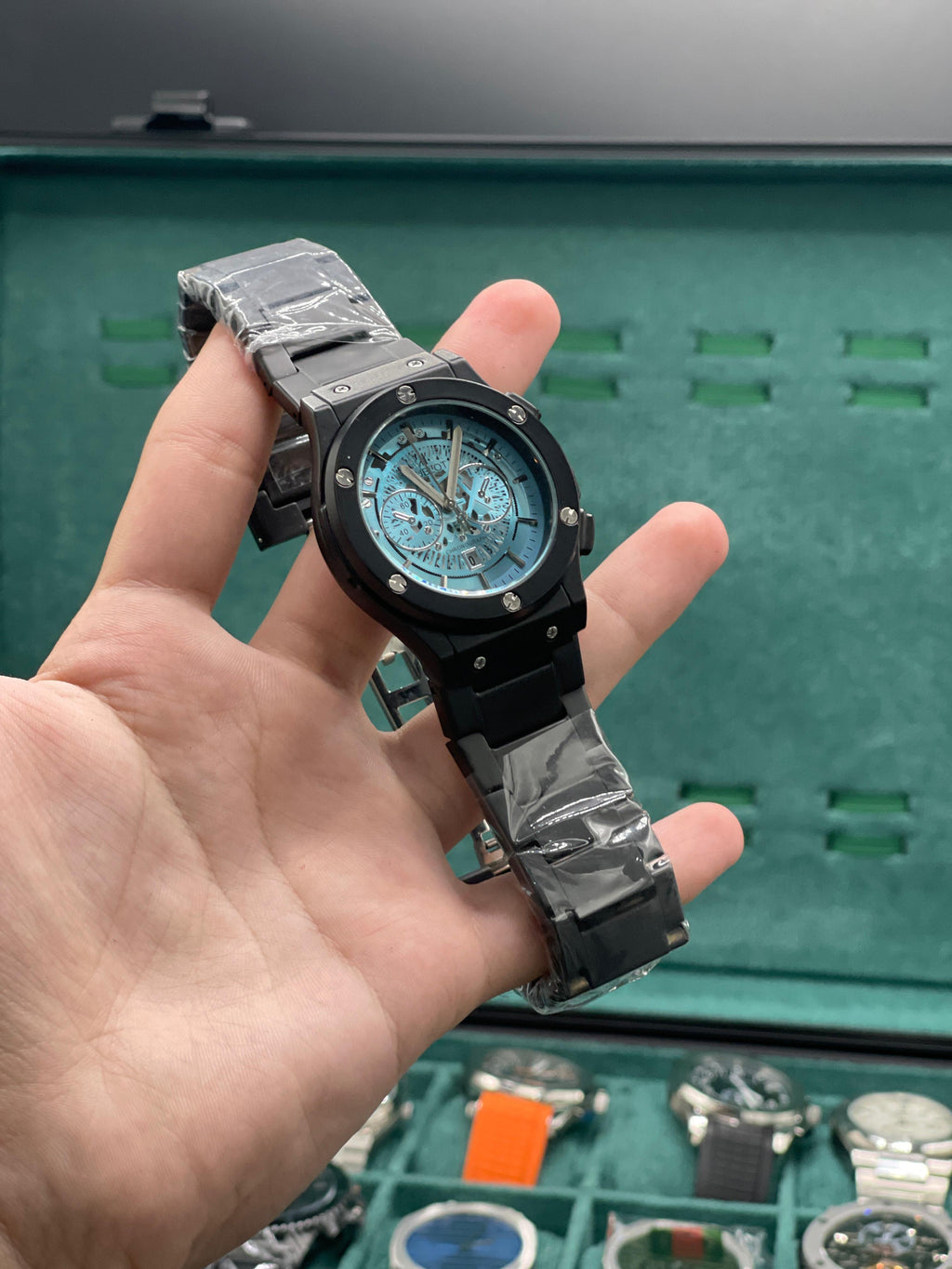 HB Black Chain With Tiffany Blue Chronograph Dial Watch.