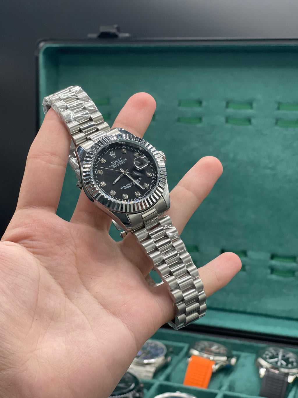 RLX Silver Chain With Black Datejust Dial Watch