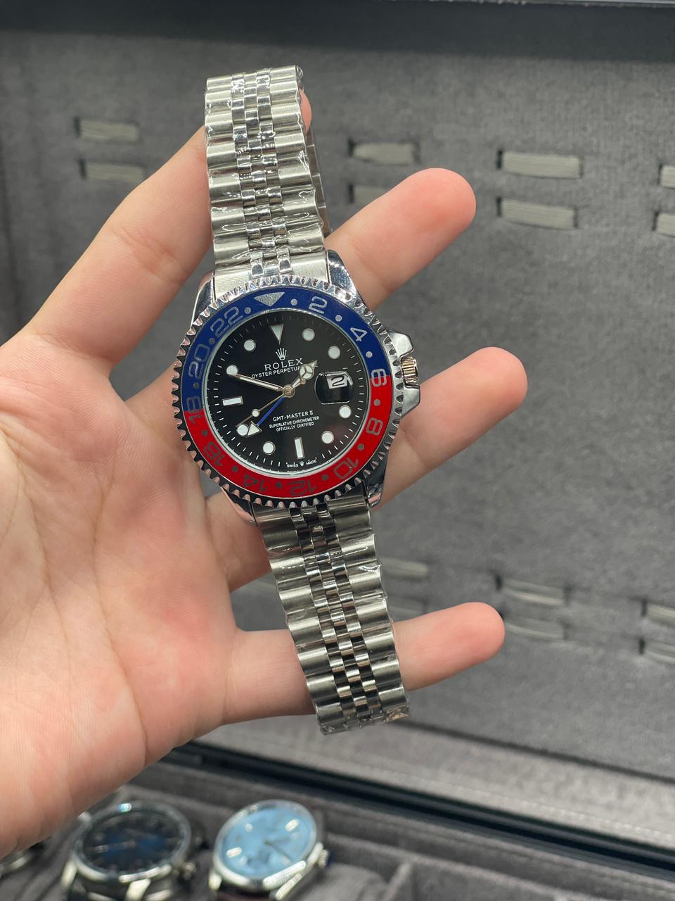 RLX Silver Chain With Black Dial Semi Automatic Pepsi Style Watch