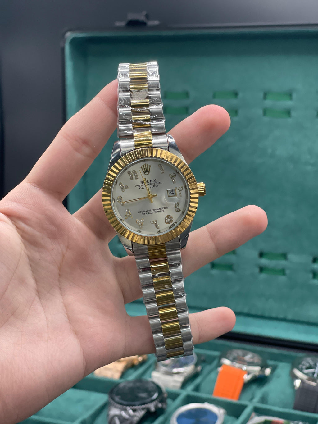 RLX Two Tone Chain With White Arabic Numeral Dial Watch