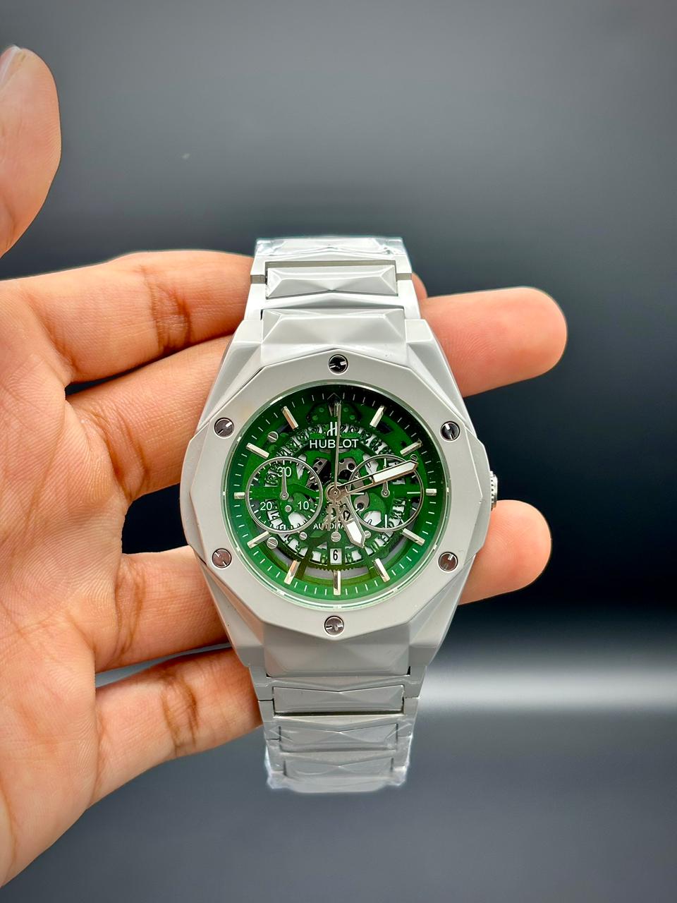 HB Sliver Chain With Green Dial Watch.