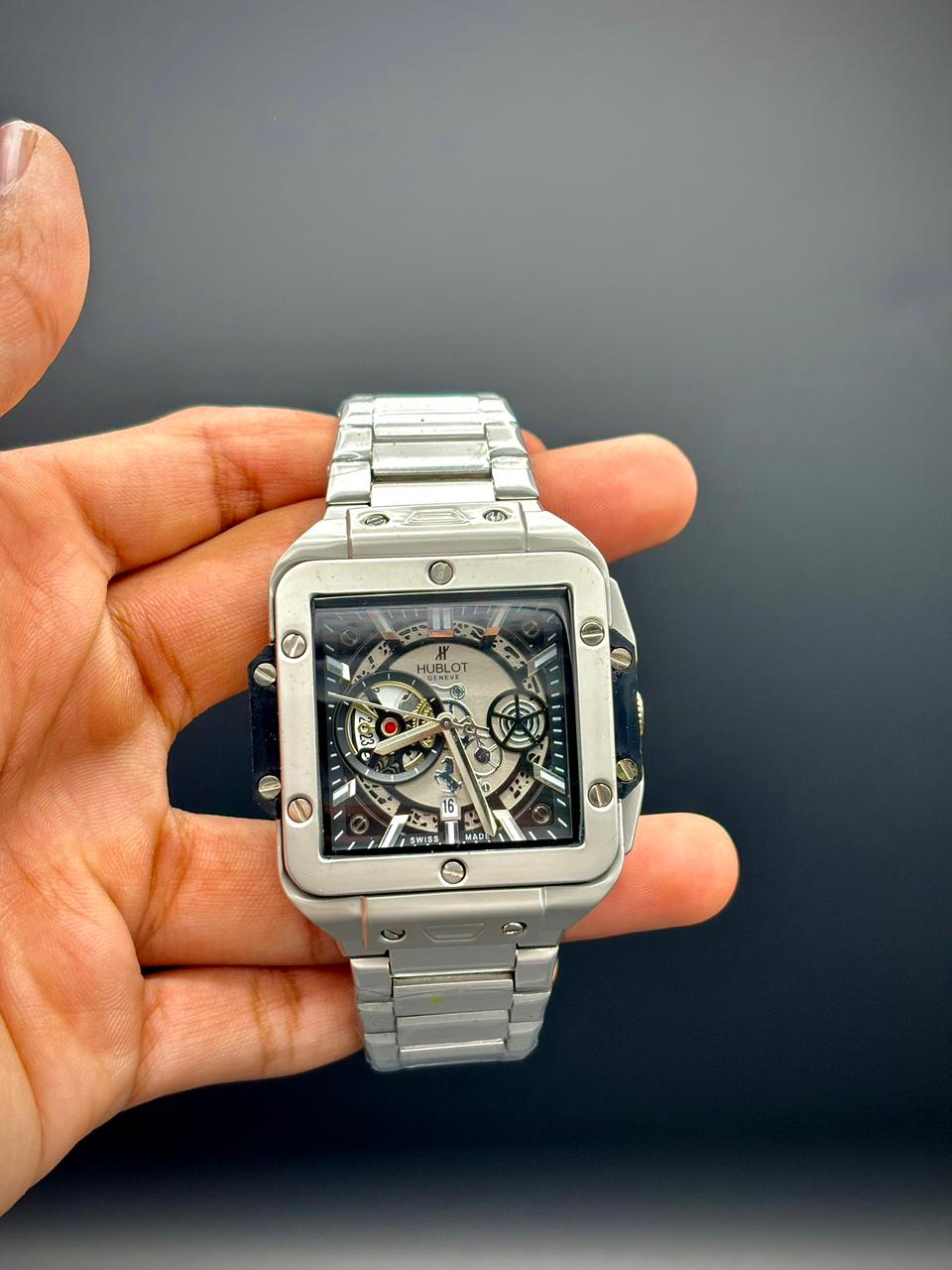 HB Sliver Chain With Black Dial Watch.