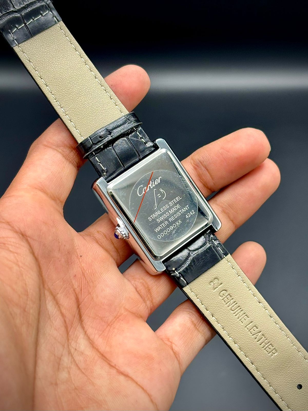 CTR Classic Rectangle Watch – Silver Dial with Blue Hands | Black Leather Strap