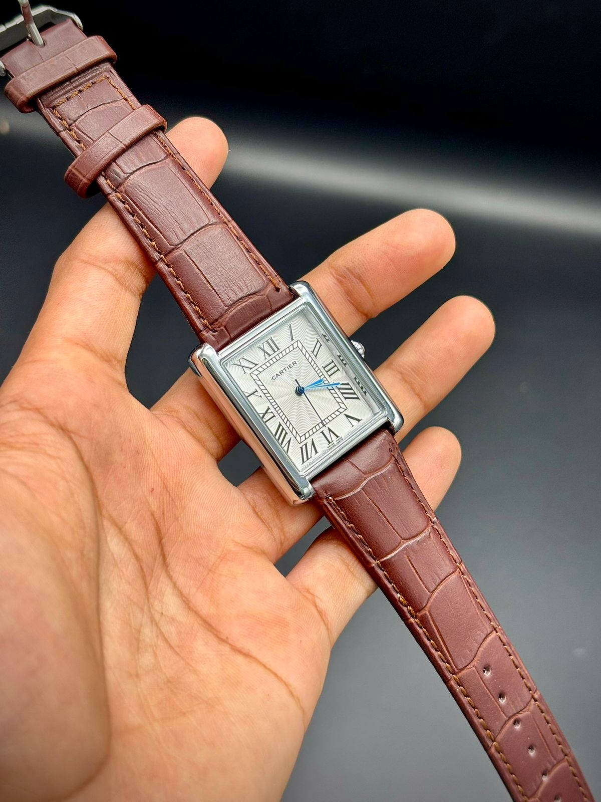 CTR Classic Rectangle Watch – Silver Dial Blue Hands | Brown Leather Strap