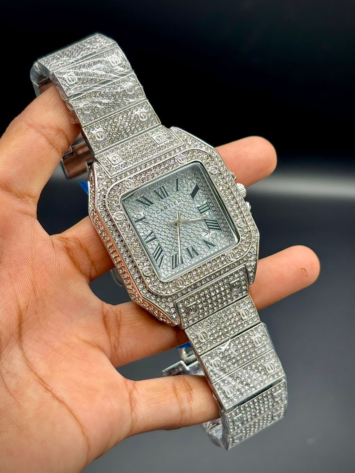 CTR Full Iced-Out Square Watch – Silver Diamond Style | Luxury Statement Piece