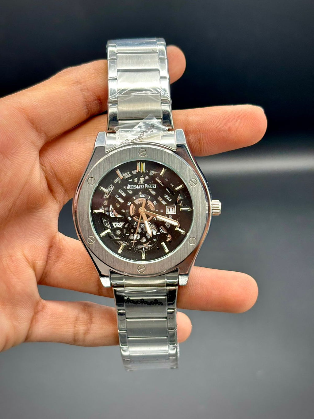 AP Silver Skeleton Watch – Open Heart Dial | Premium Steel Bracelet | Date Window