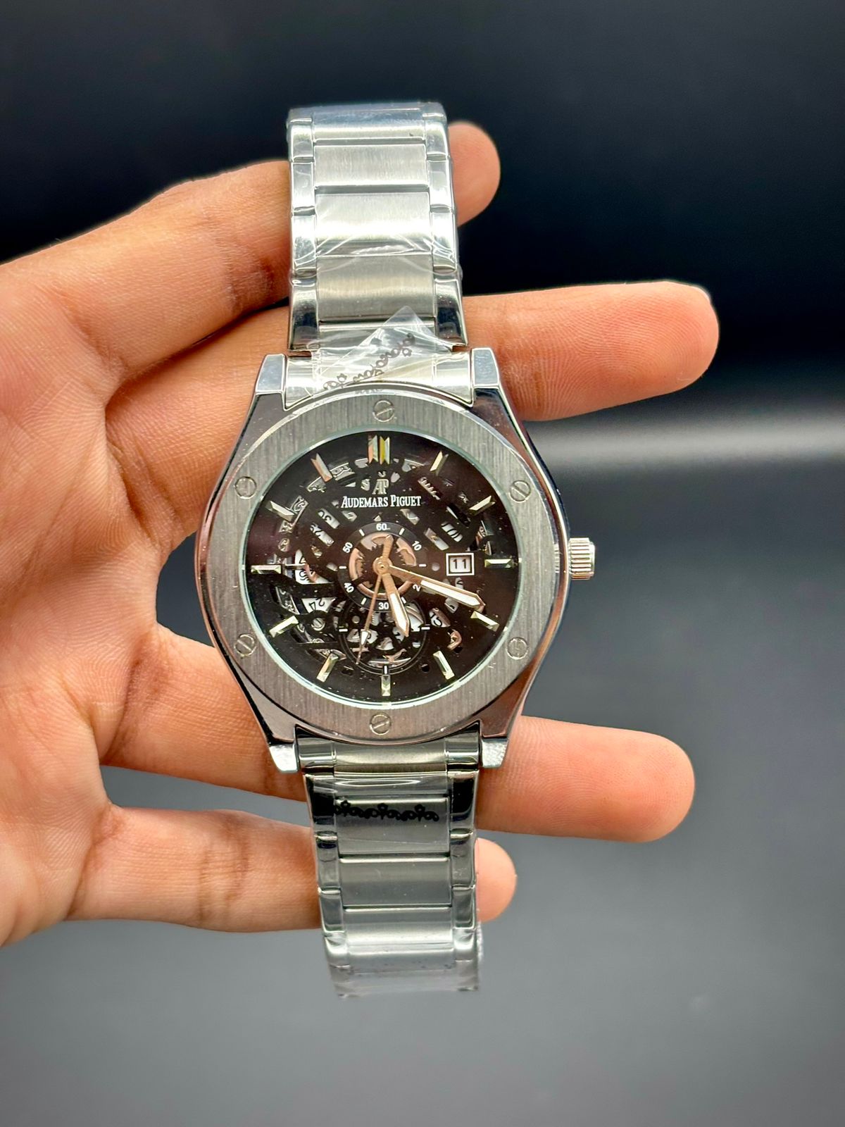 AP Silver Skeleton Watch – Open Heart Dial | Premium Steel Bracelet | Date Window