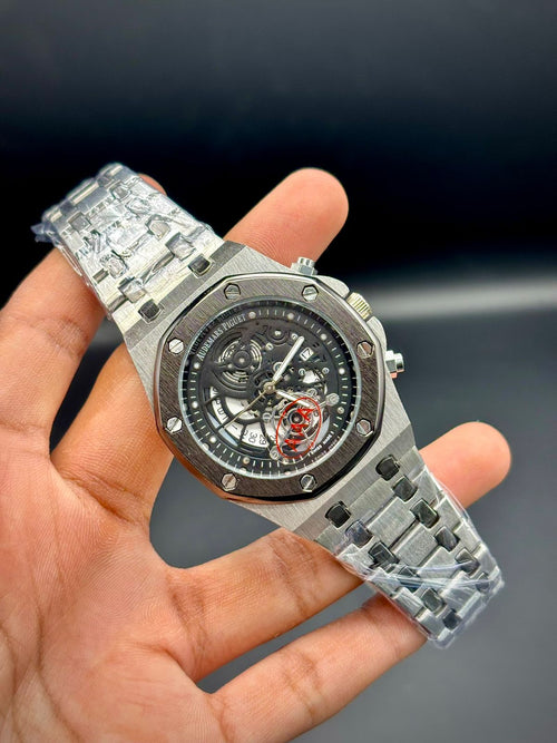AP Luxury Sport Skeleton Watch | Black Open Dial | Brushed Steel Case