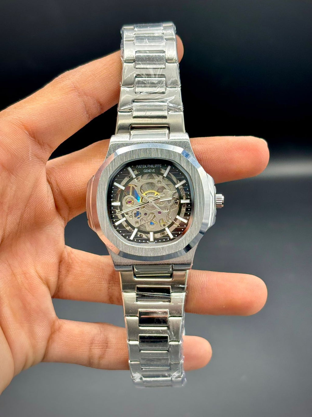 PTK Silver Steel Dark Open Heart Dial Watch.