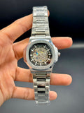 PTK Silver Steel Dark Open Heart Dial Watch.