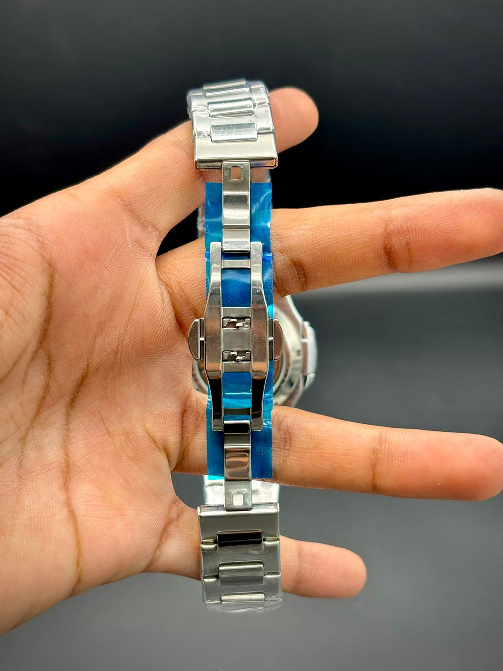PTK Silver Steel Dark Open Heart Dial Watch.