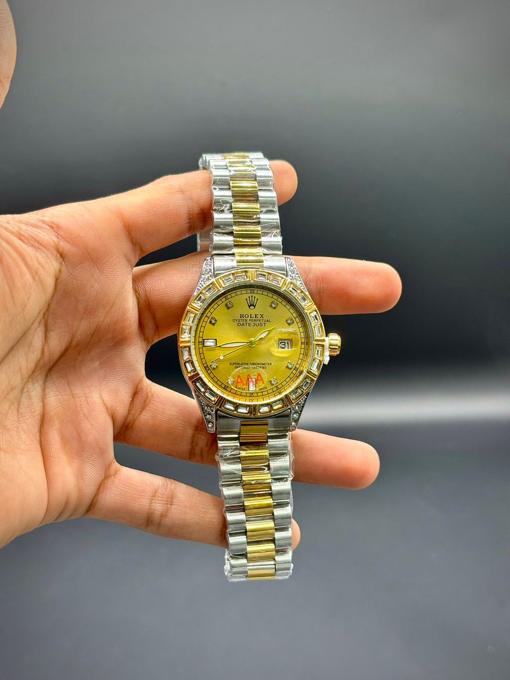 RLX  Premium Iced-Out Watch – Gold & Silver | Champagne Dial | Crystal Markers