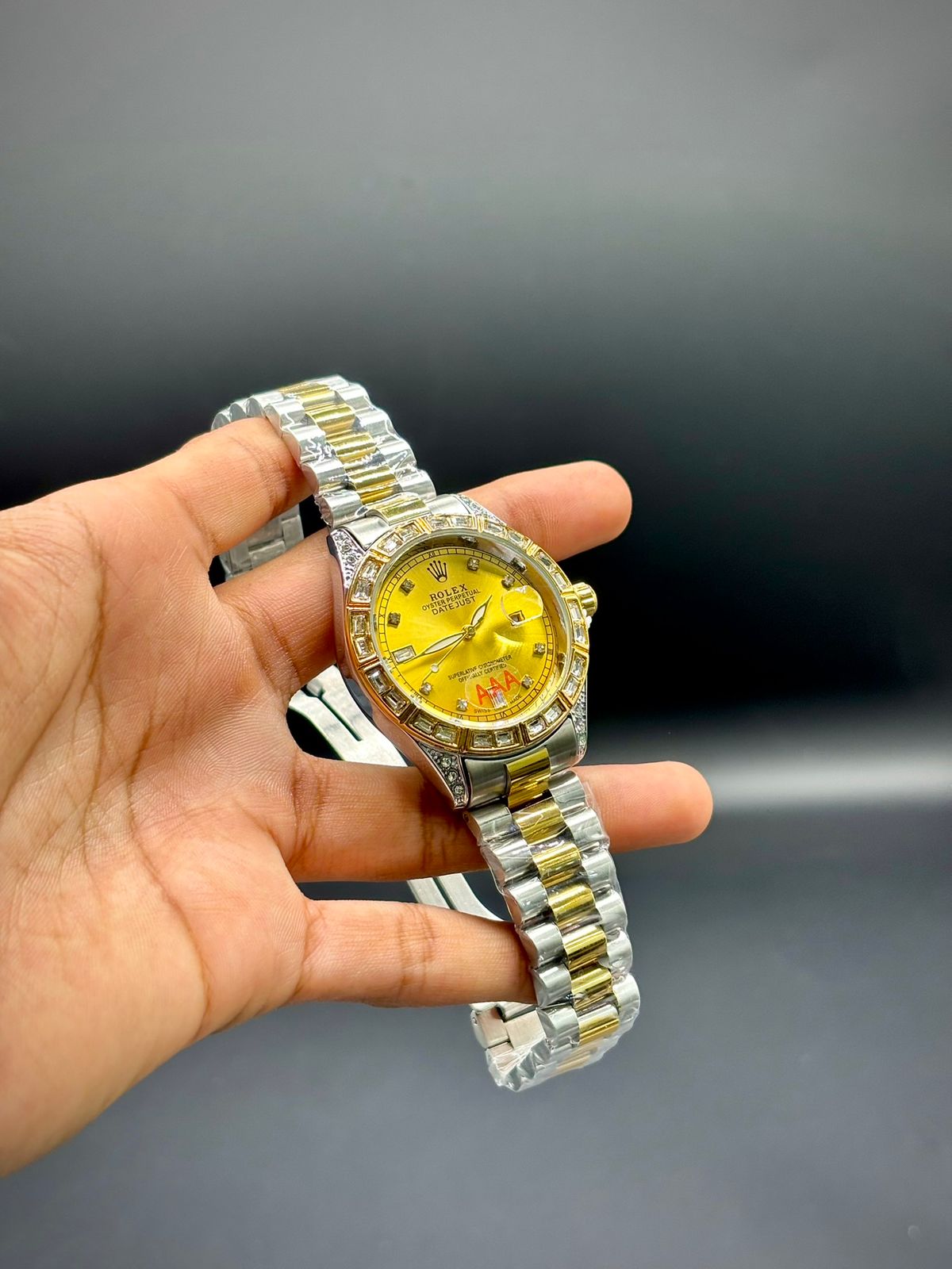 RLX  Premium Iced-Out Watch – Gold & Silver | Champagne Dial | Crystal Markers