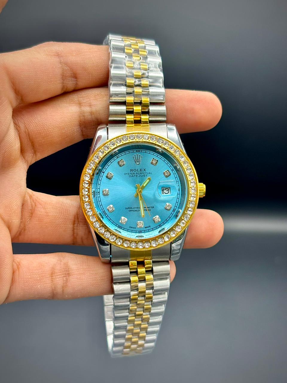 RLX Premium Gold & Silver Men’s Watch – Tiffany Blue Dial | Stone Markers | Date Window