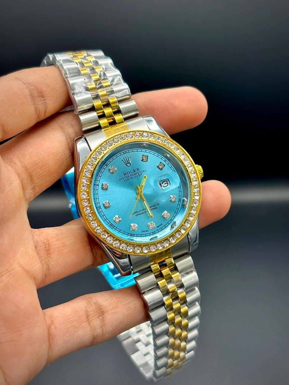 RLX Premium Gold & Silver Men’s Watch – Tiffany Blue Dial | Stone Markers | Date Window