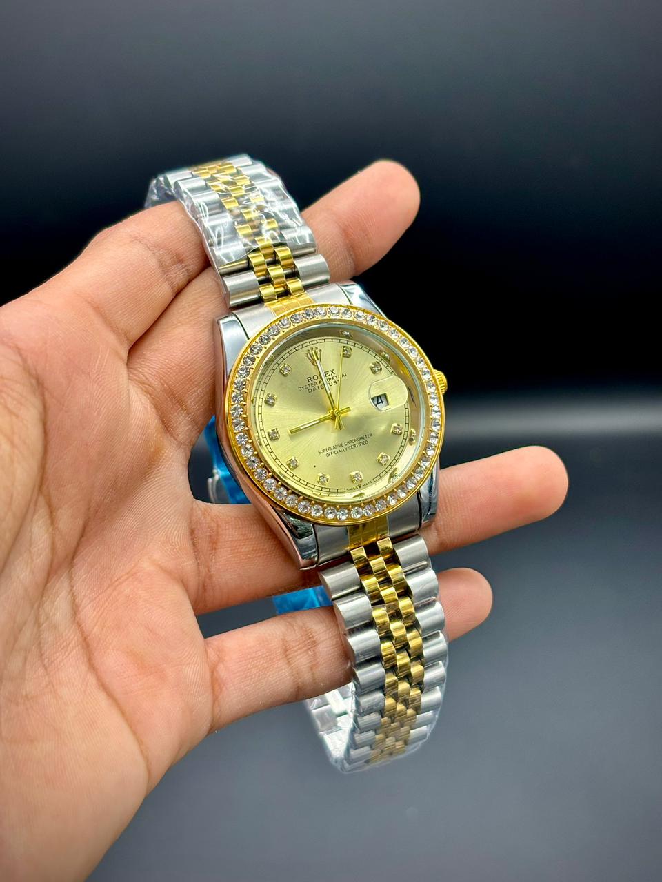RLX Premium Gold & Silver Men’s Watch – Gold Dial | Baton Markers | Date Window