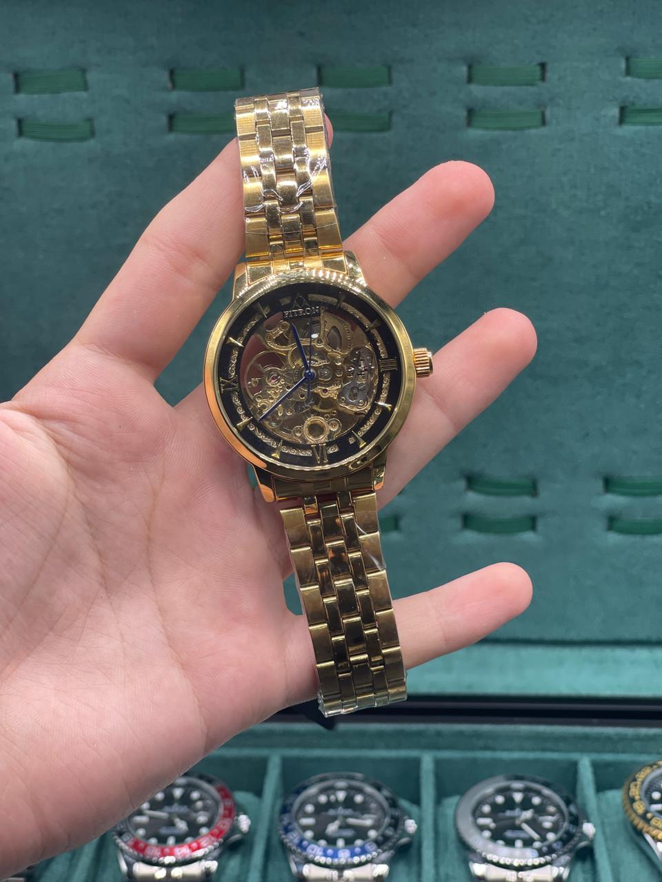 FTN Golden Skeleton Automatic Watch — Open Heart Dial with Gold Jubilee Strap