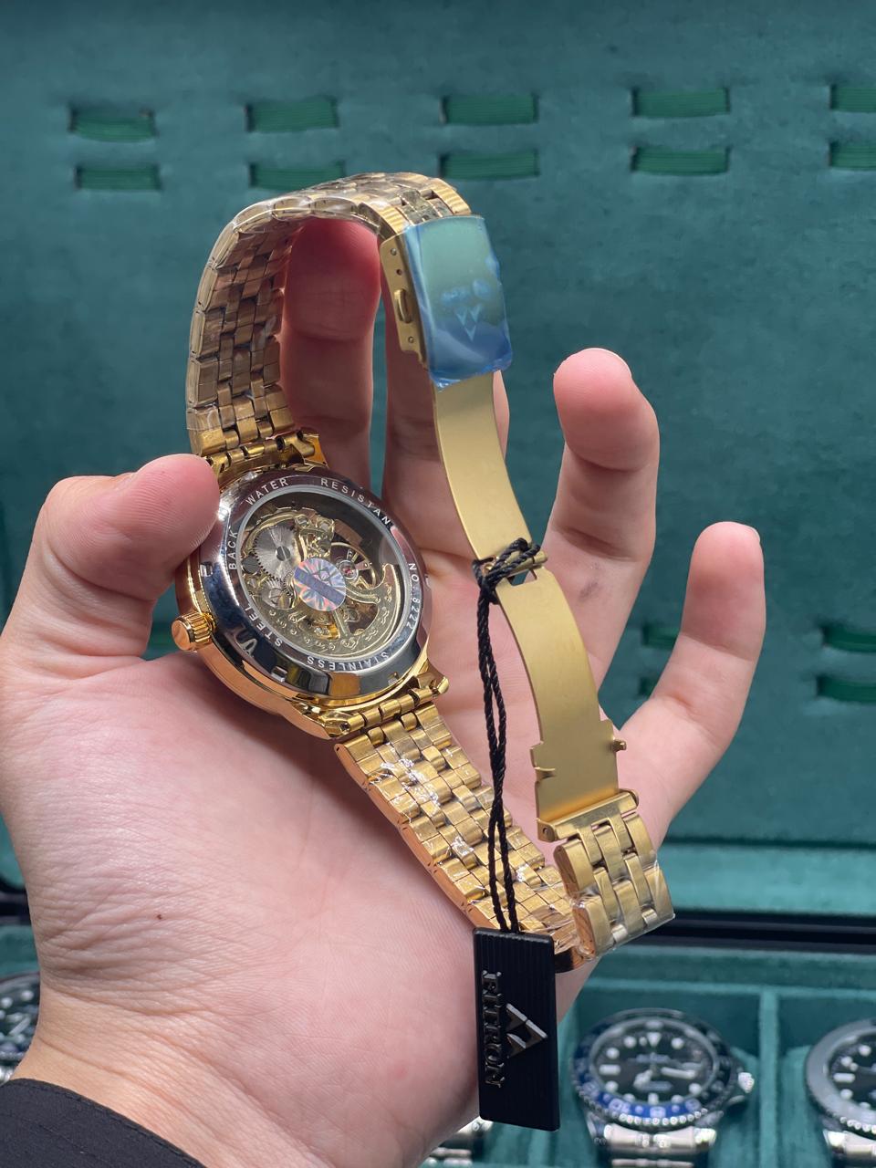 FTN Golden Skeleton Automatic Watch — Open Heart Dial with Gold Jubilee Strap