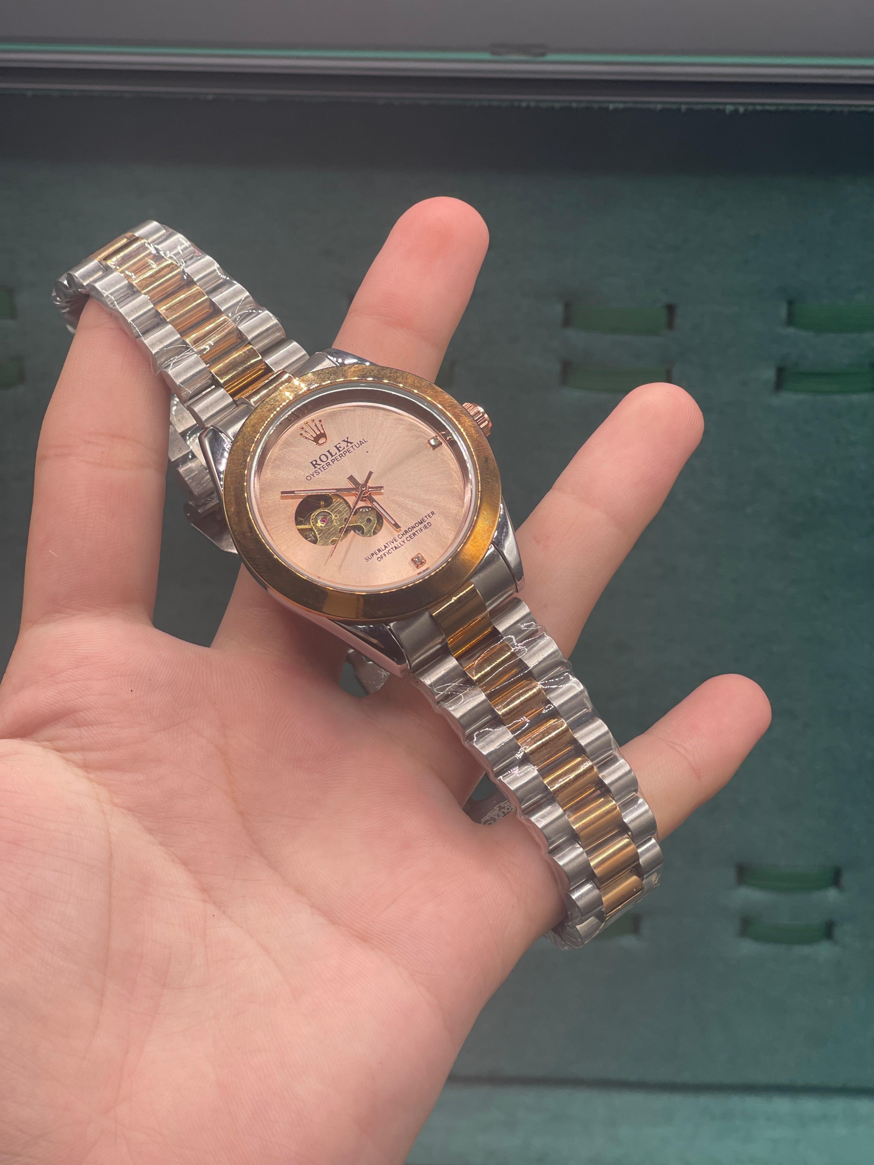 RLX Rose Gold Two-Tone Automatic Watch — Salmon Sunburst Dial with Open Heart & Jubilee Strap