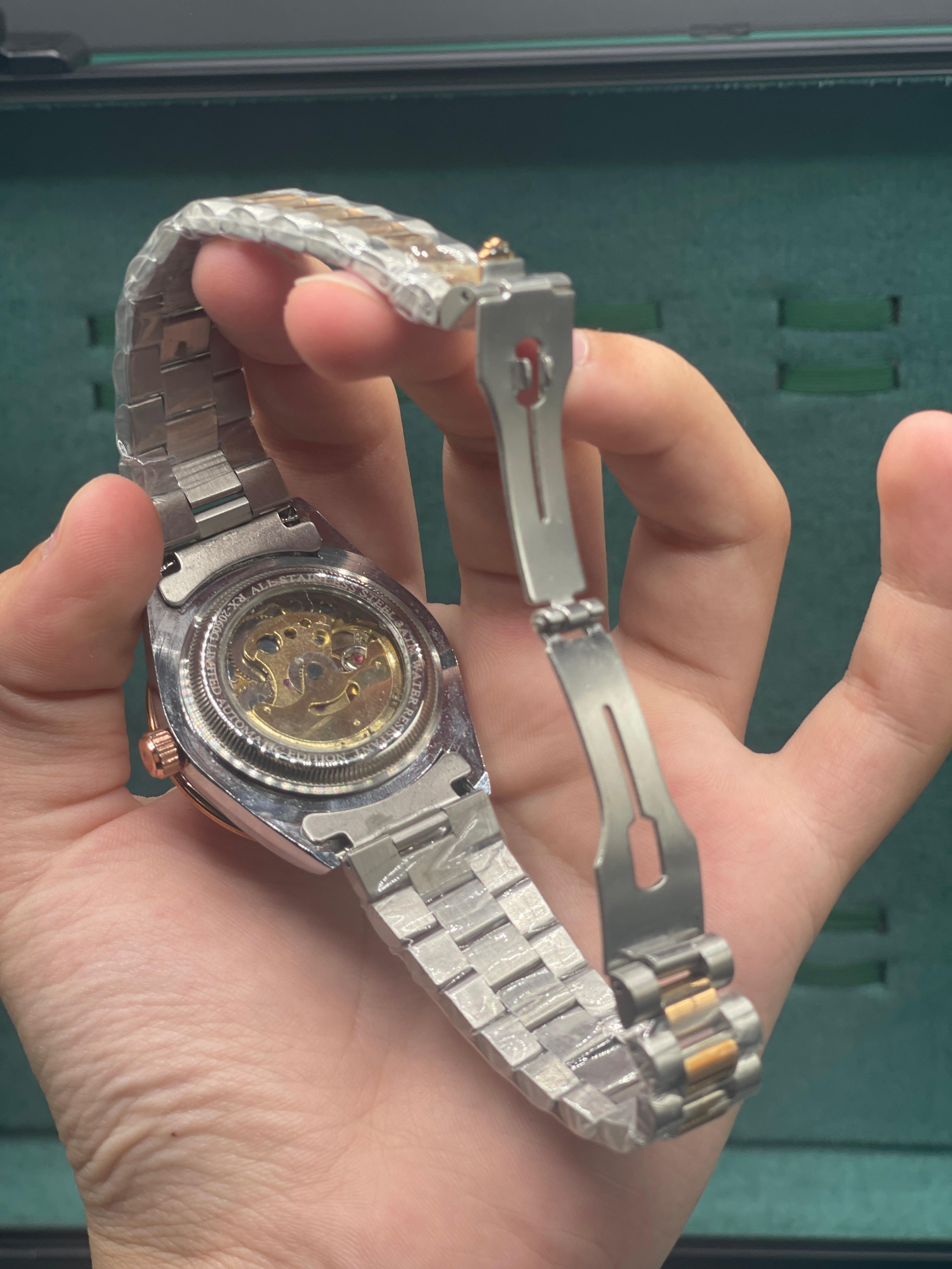 RLX Rose Gold Two-Tone Automatic Watch — Salmon Sunburst Dial with Open Heart & Jubilee Strap