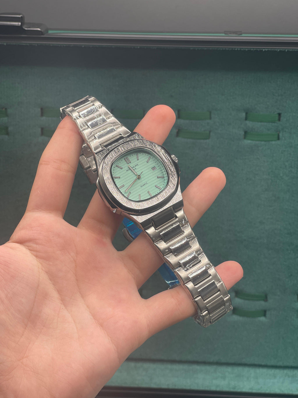PTK Stainless Steel Luxury Sports Watch with Mint Green Textured Dial, Integrated Bracelet, and Octagonal Case