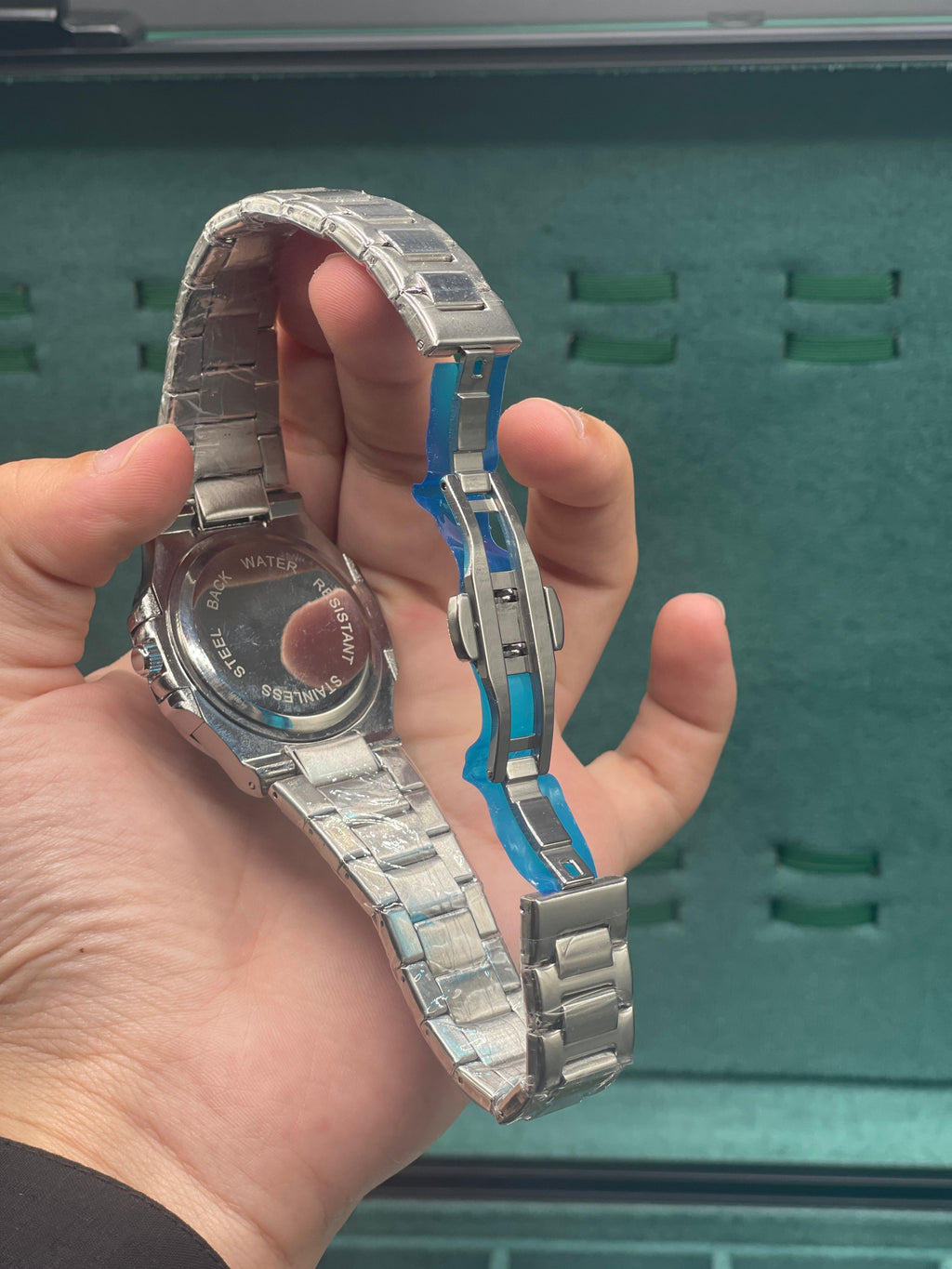 PTK Stainless Steel Luxury Sports Watch with Mint Green Textured Dial, Integrated Bracelet, and Octagonal Case