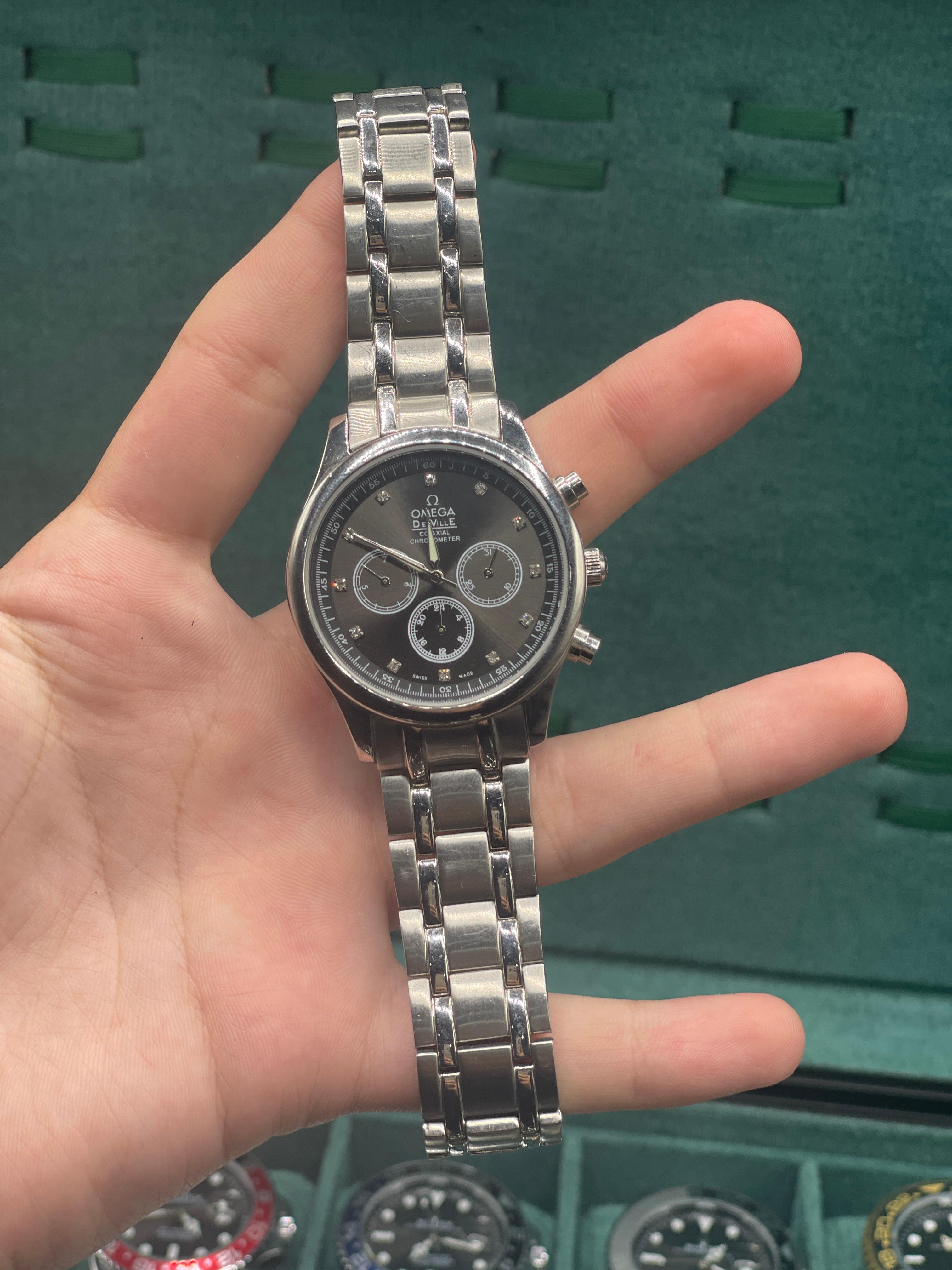 OMG Black Diamond Dial Chronograph — Stainless Steel Dress Watch with 3-Link Bracelet