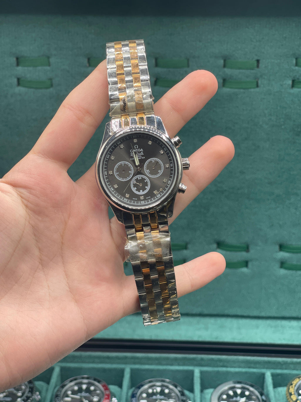 OMG Men’s Two-Tone Quartz Chronograph Watch — Black Dial Diamond Markers Jubilee Bracelet