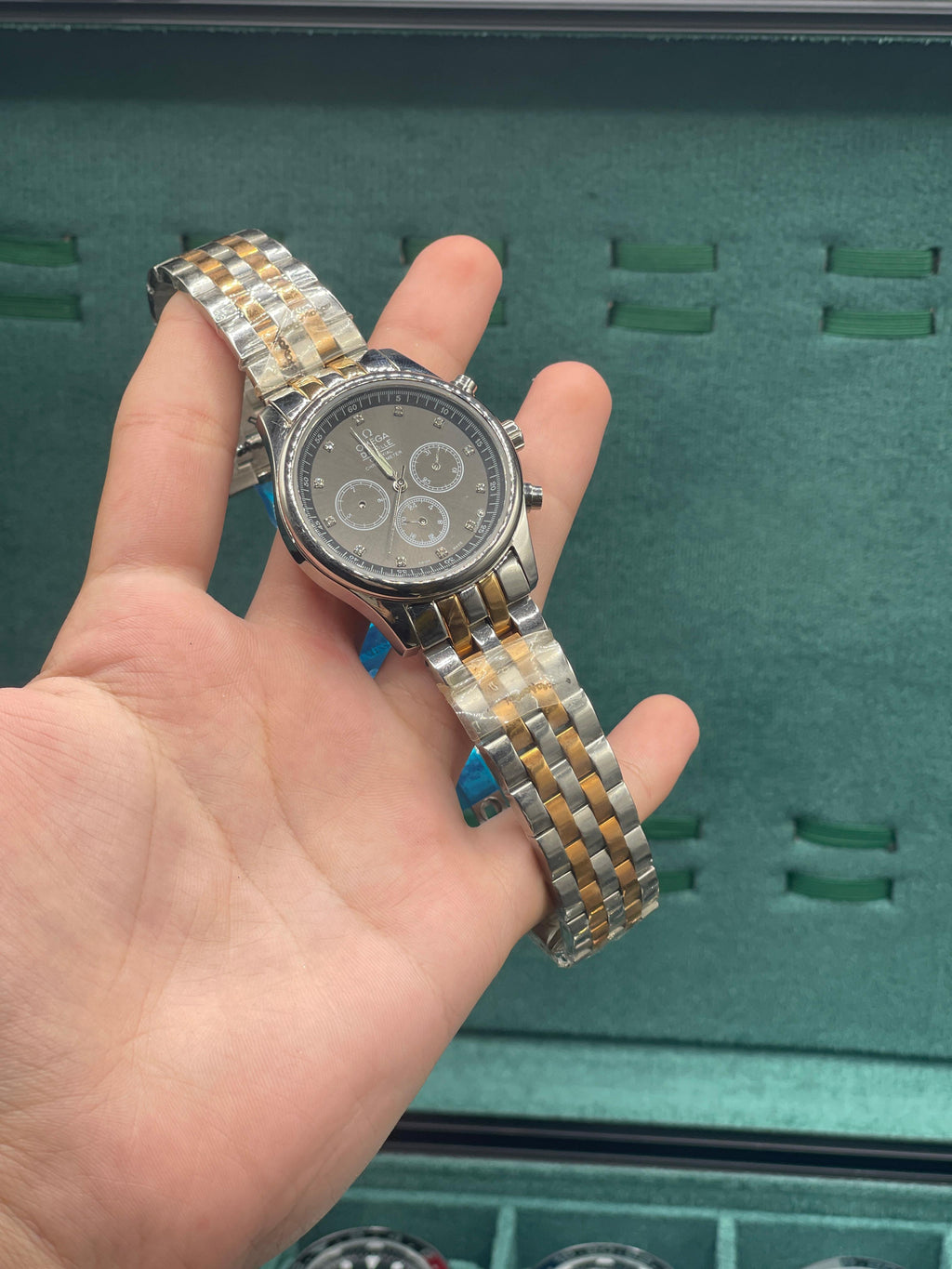 OMG Men’s Two-Tone Quartz Chronograph Watch — Black Dial Diamond Markers Jubilee Bracelet
