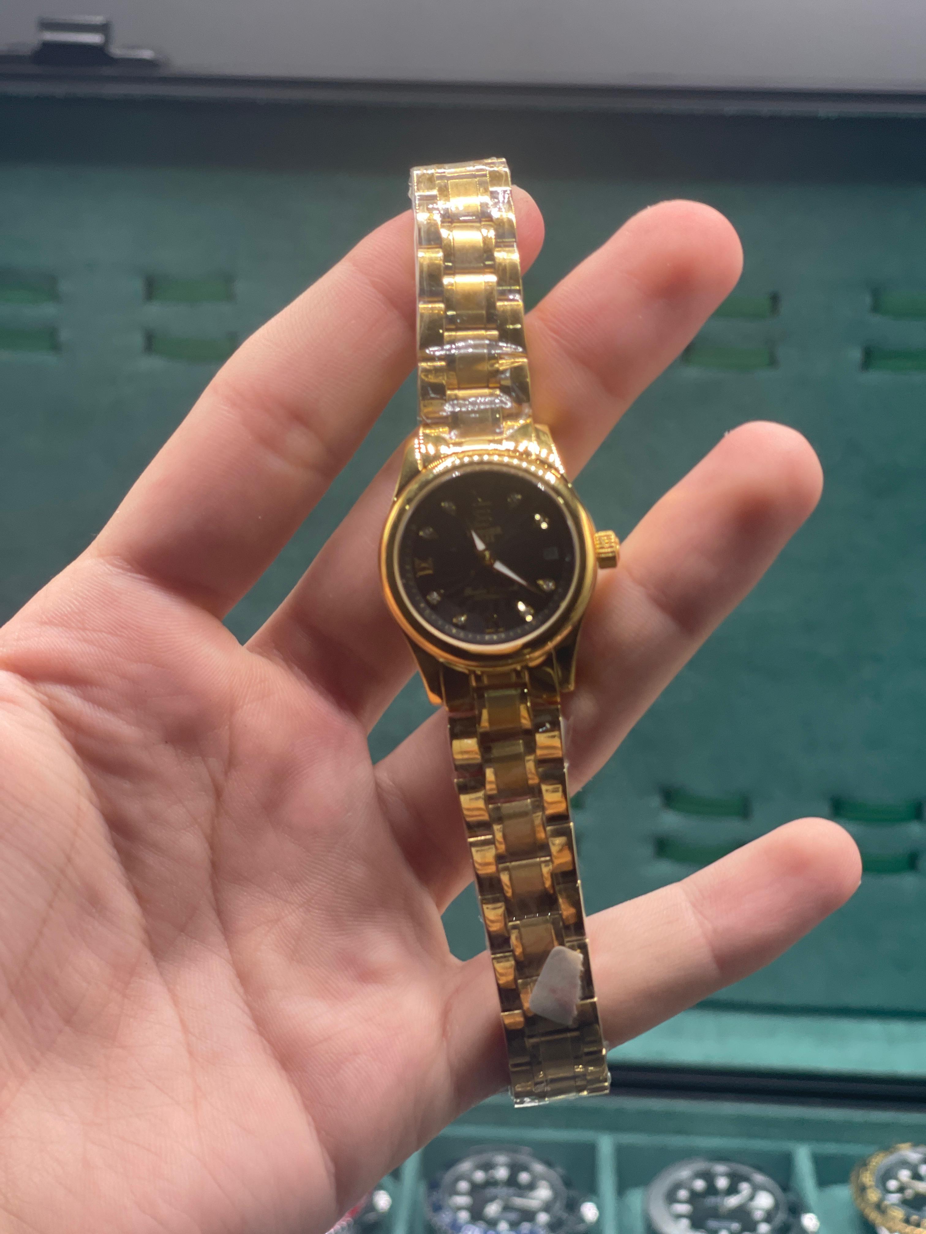 WM  Ladies Gold Black Dial Watch — Diamond Hour Markers + Slim Bracelet Luxury Gift Edition
