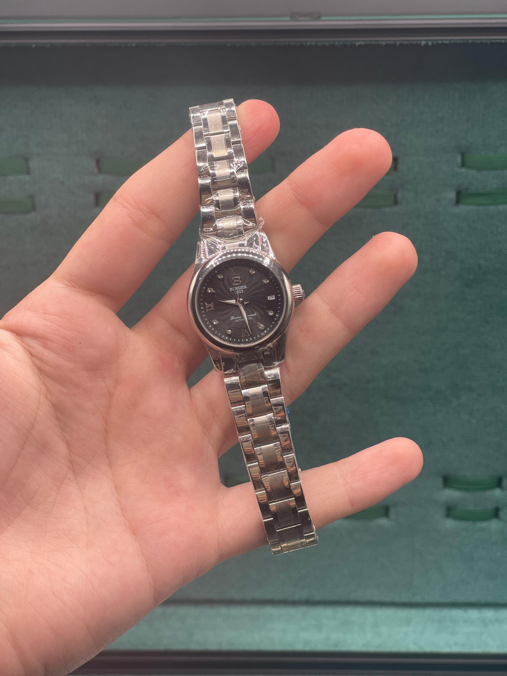 WM Women’s Stainless Steel Dress Watch — Black Dial Diamond Markers Slim Bracelet