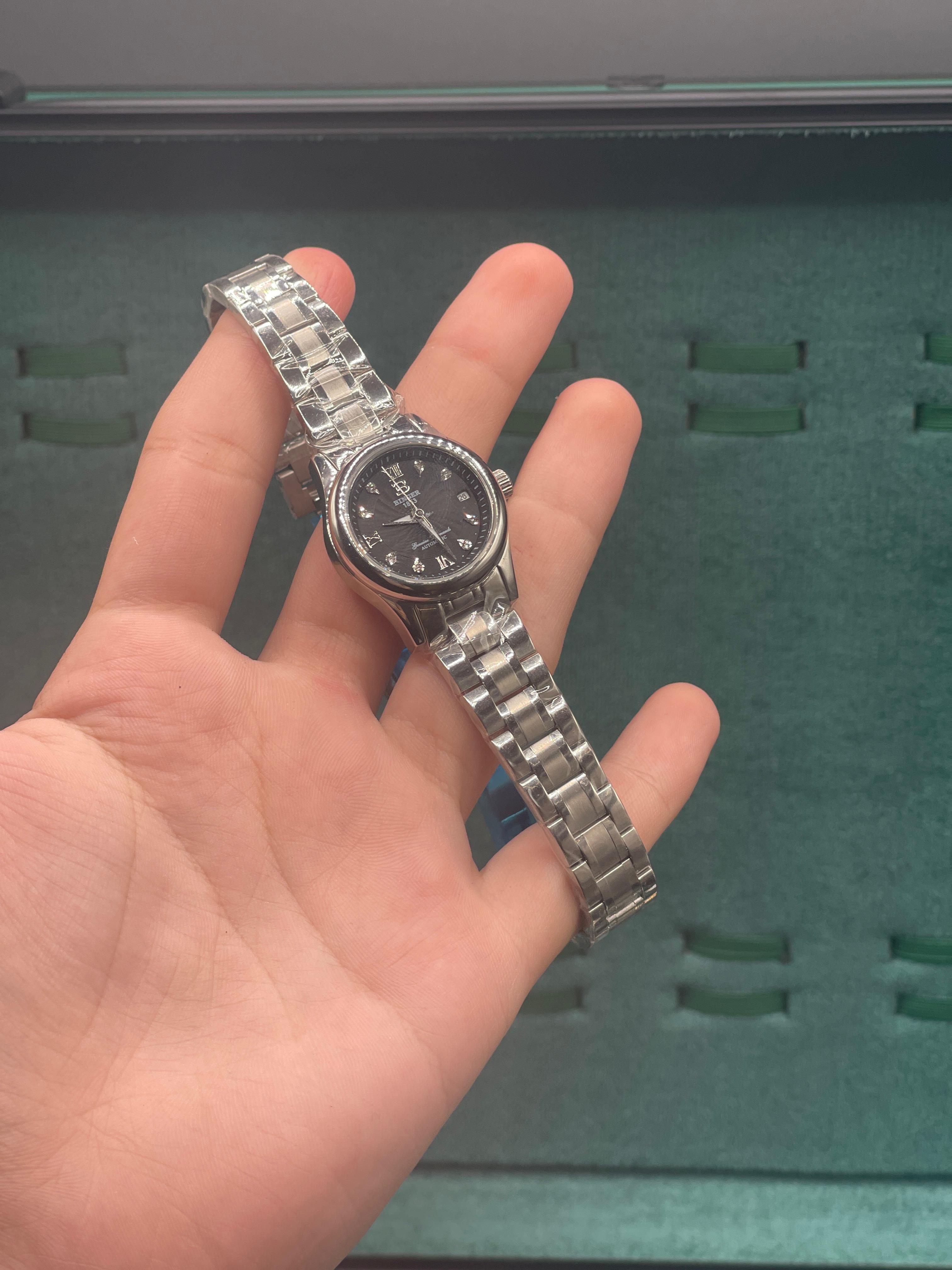 WM Women’s Stainless Steel Dress Watch — Black Dial Diamond Markers Slim Bracelet