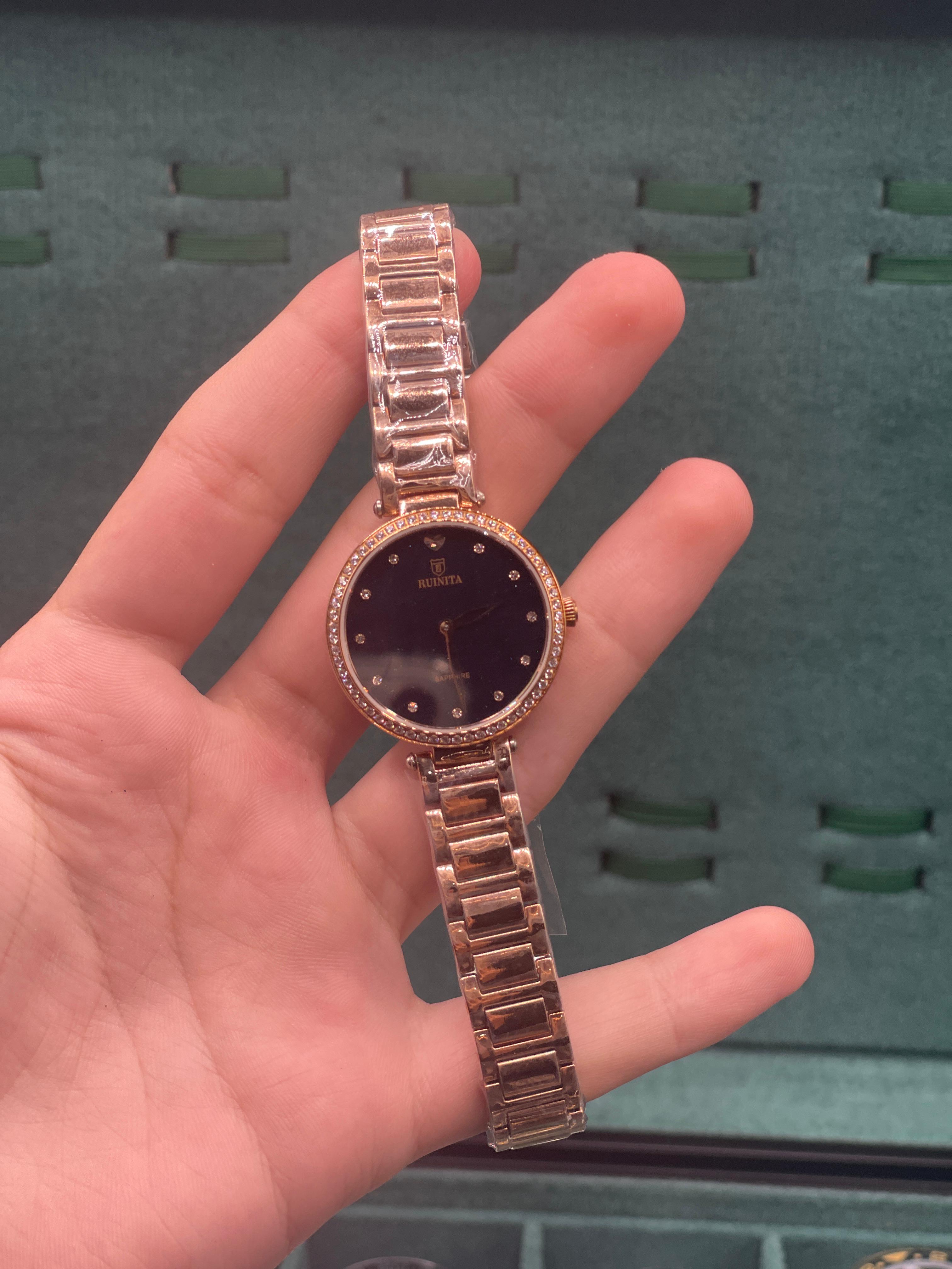 WM Ladies Rose Gold Diamond Bezel Watch — Black Dial + Crystal Markers Premium Gift Edition