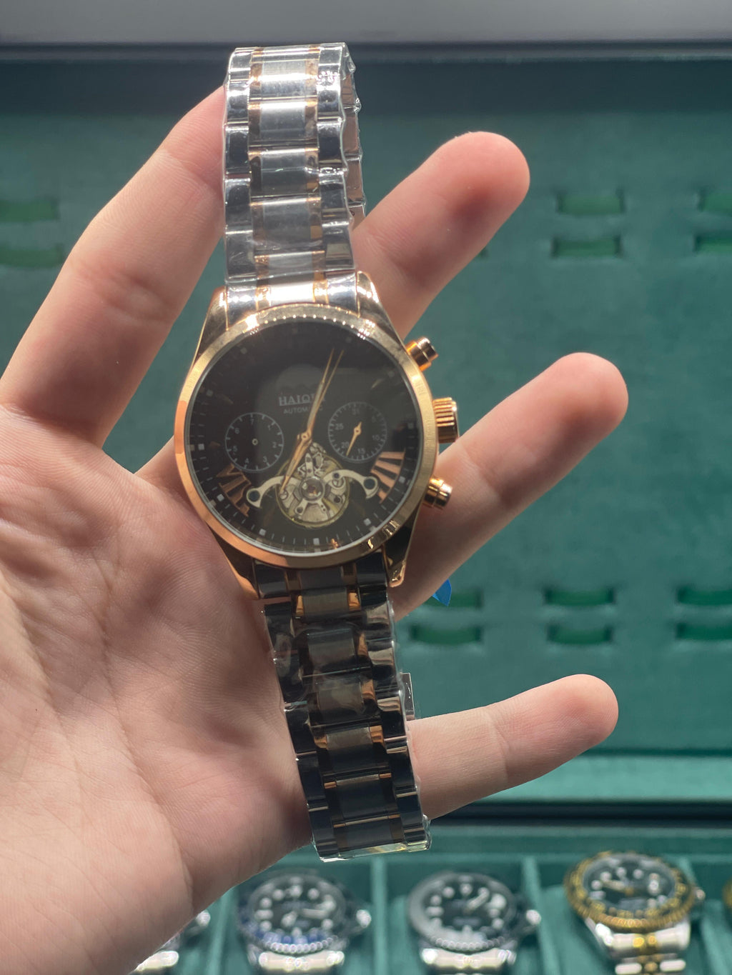 HQ Two-Tone Automatic Skeleton Watch — Black Dial + Moonphase + Open Heart Two-Tone Bracelet