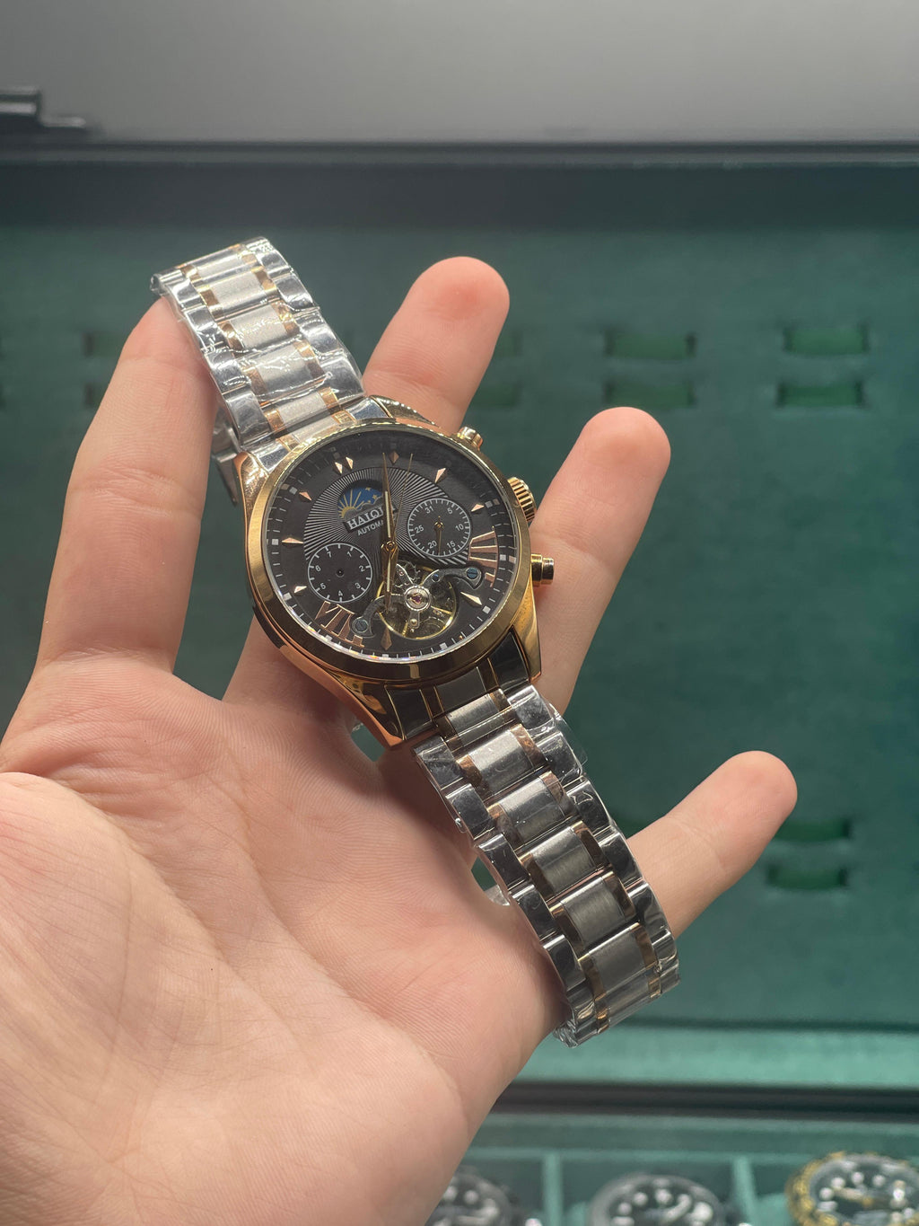 HQ Two-Tone Automatic Skeleton Watch — Black Dial + Moonphase + Open Heart Two-Tone Bracelet