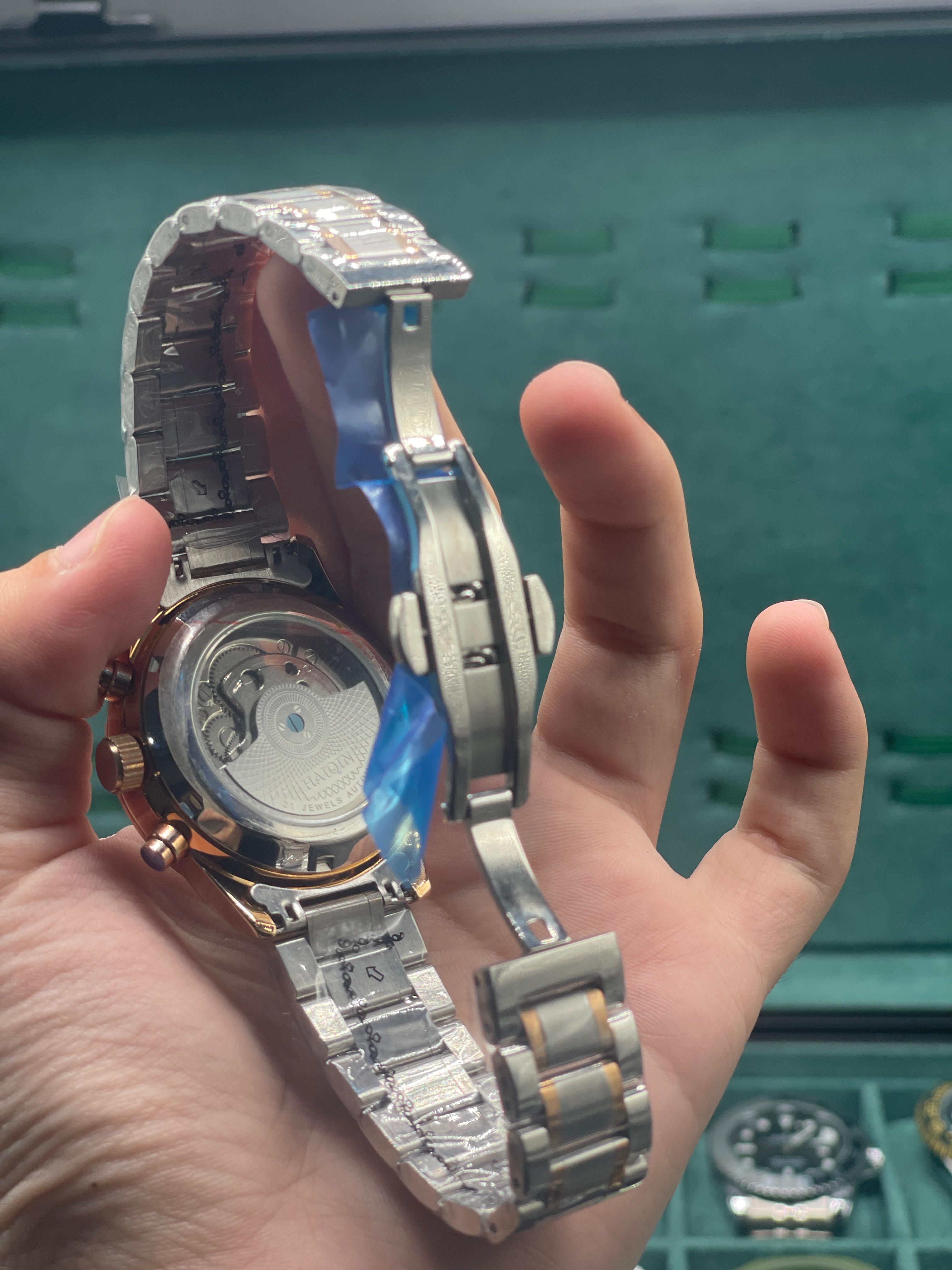 HQ Two-Tone Automatic Skeleton Watch — Black Dial + Moonphase + Open Heart Two-Tone Bracelet
