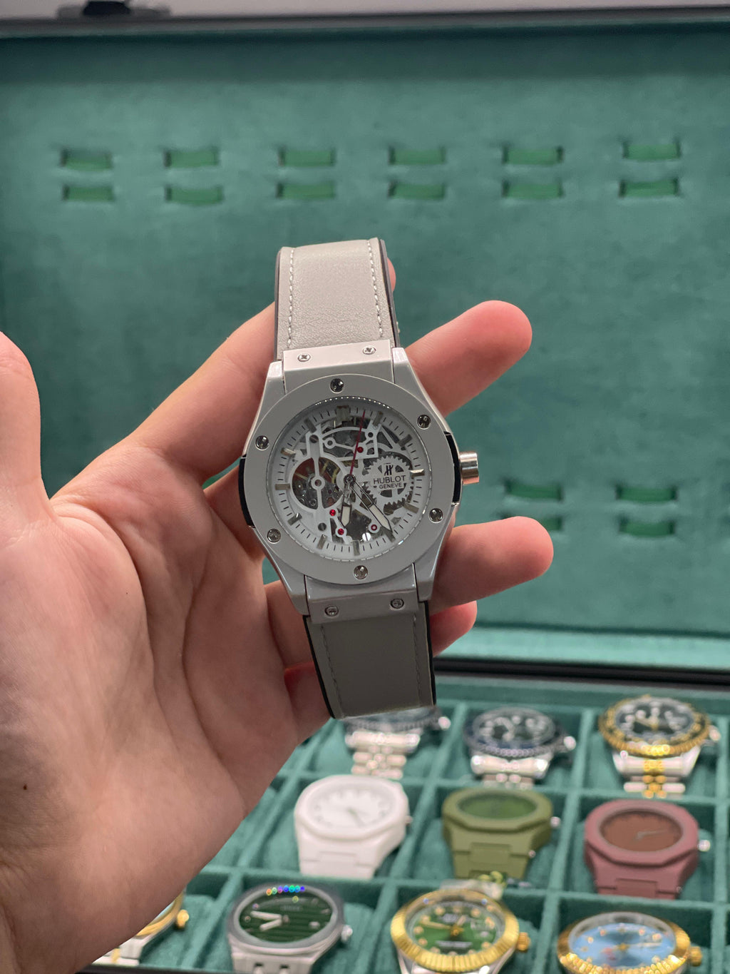 HB Modern Gray Skeleton Automatic Watch with Leather Strap