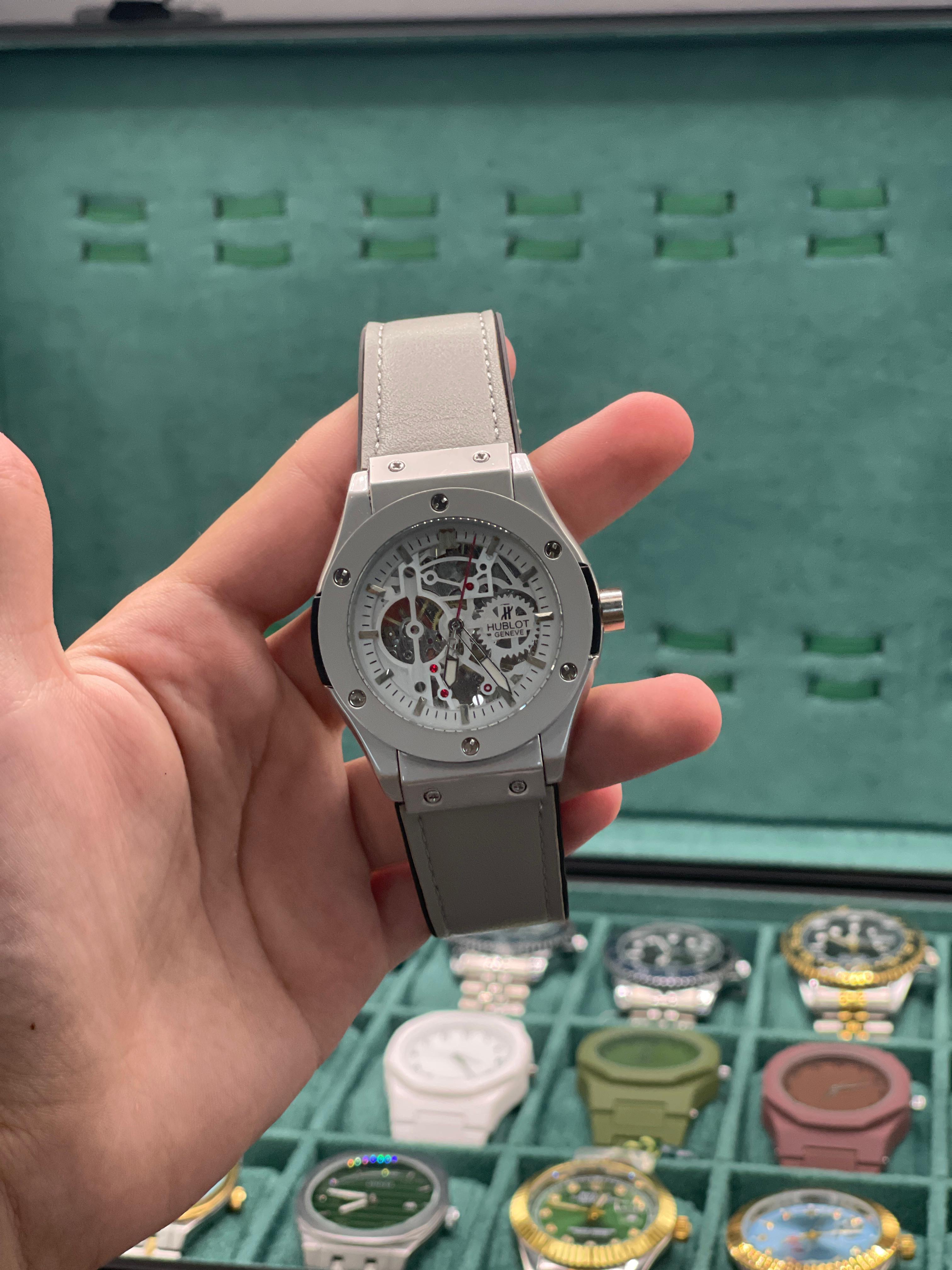 HB Modern Gray Skeleton Automatic Watch with Leather Strap