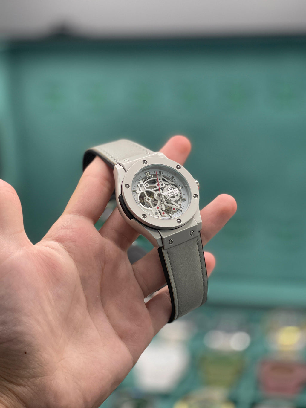 HB Modern Gray Skeleton Automatic Watch with Leather Strap