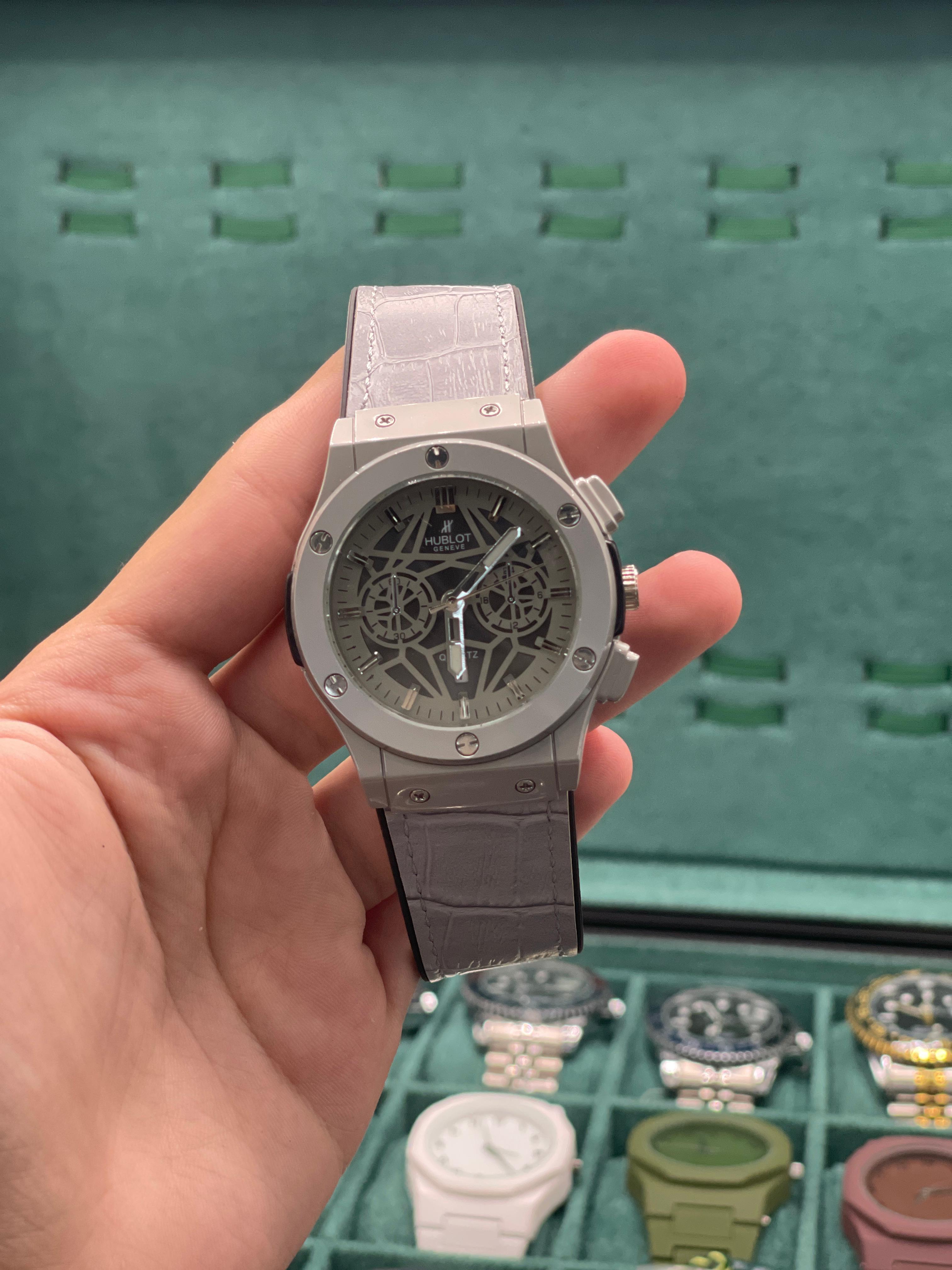 HB Matte Gray Chronograph Watch with Textured Dial and Leather Strap