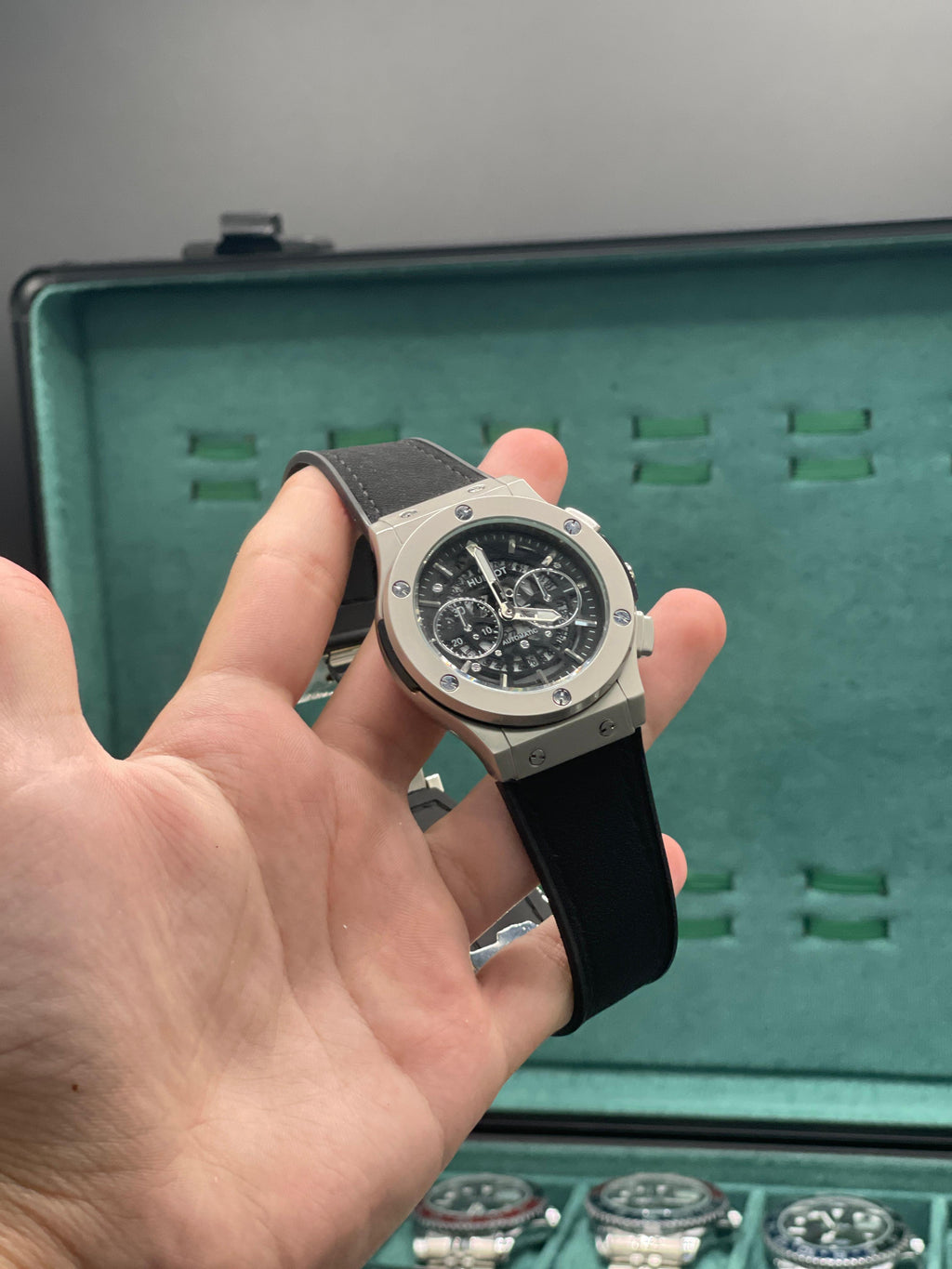 HB Black Dial Chronograph Watch with Matte Gray Case and Black Strap