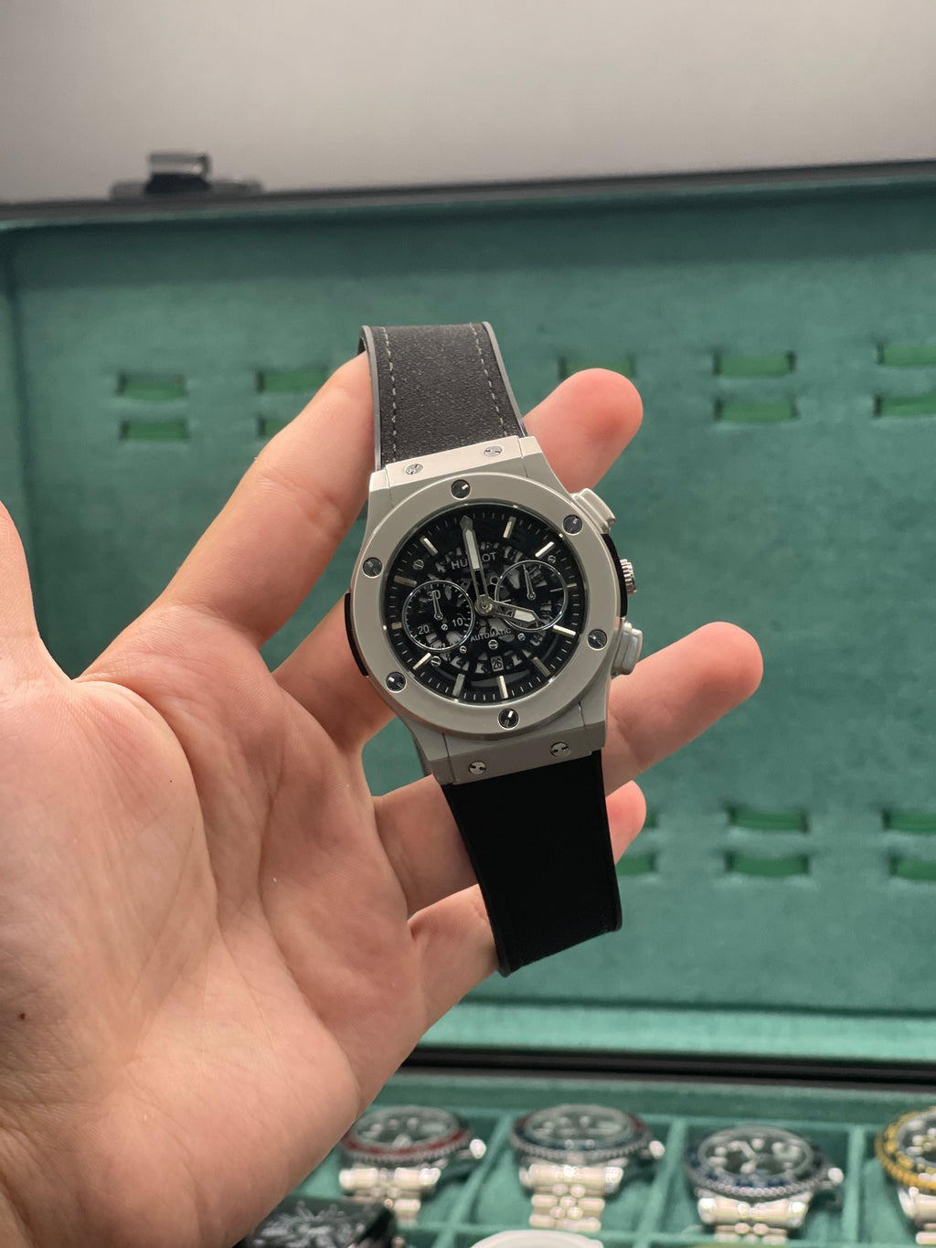 HB Black Dial Chronograph Watch with Matte Gray Case and Black Strap