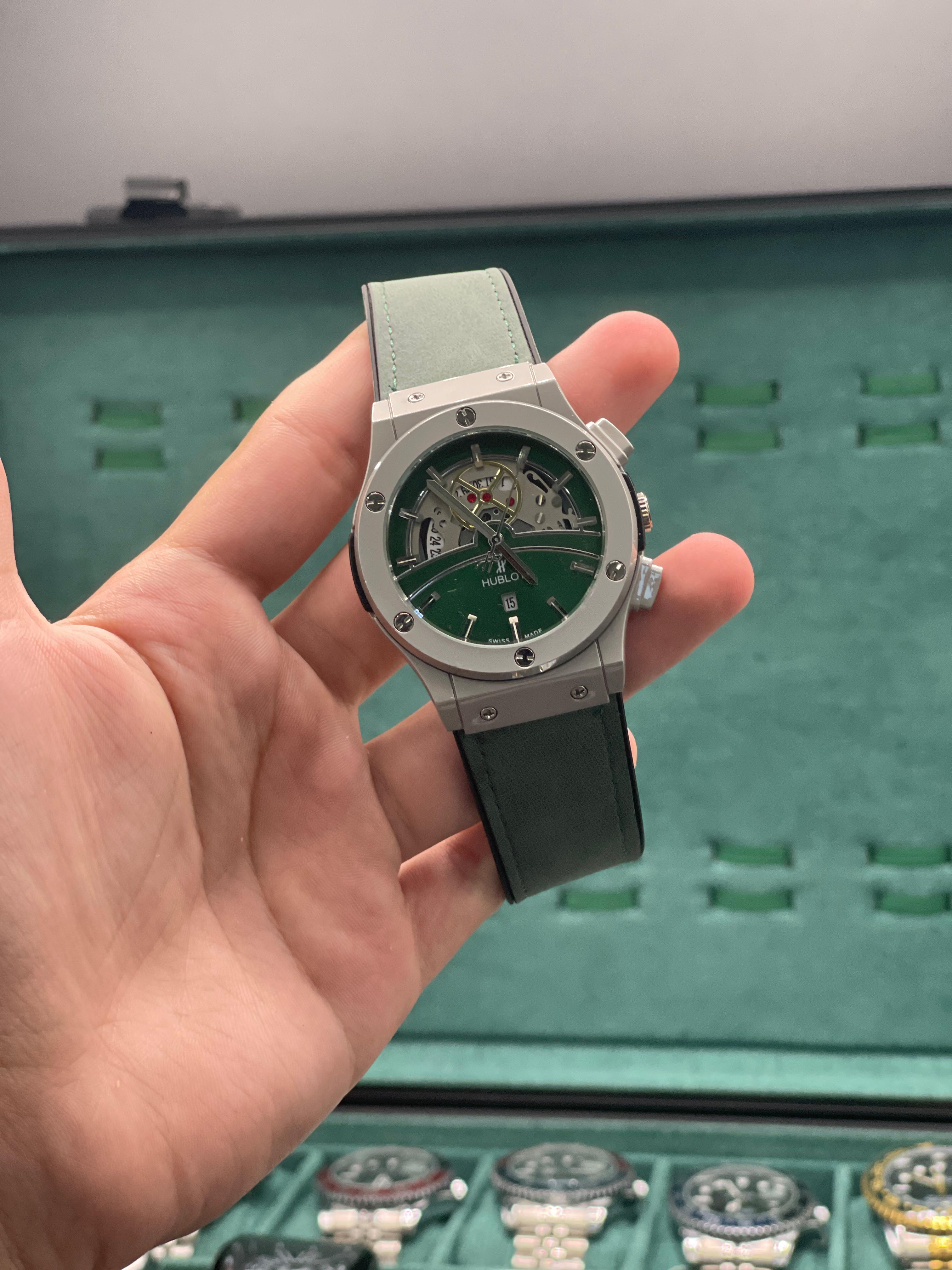 HB Green Skeleton Dial Automatic Watch with Matte Gray Case and Leather Strap