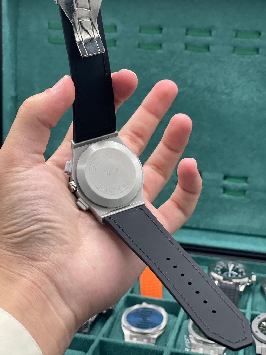 HB Silver Skeleton Dial Chronograph Watch with Matte Gray Case and Brown Leather Strap
