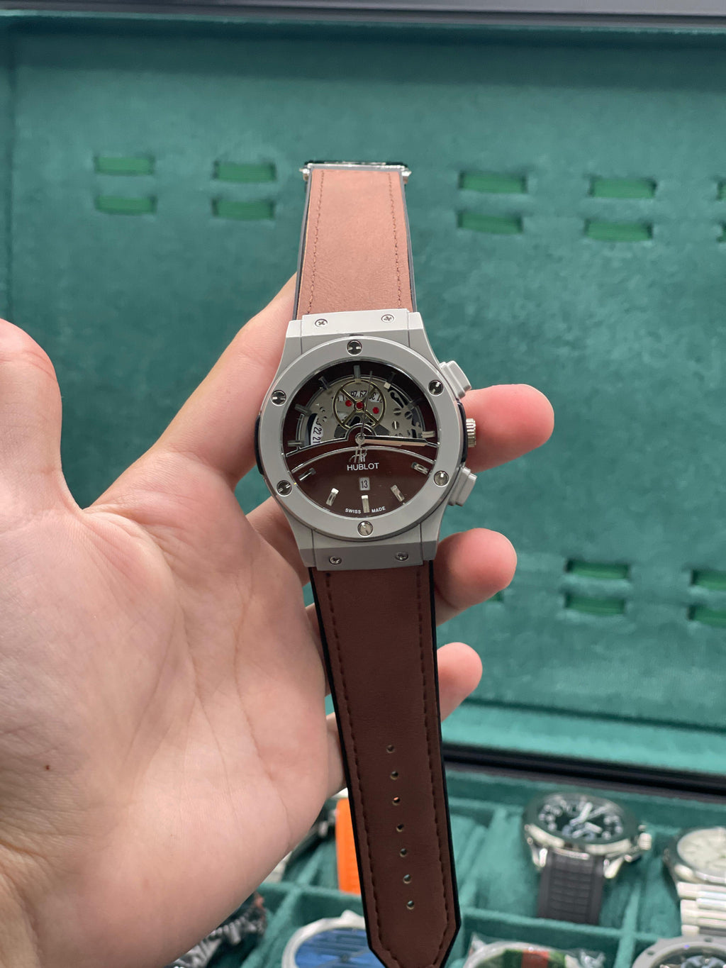 HB Brown Skeleton Dial Automatic Watch with Matte Gray Case and Leather Strap