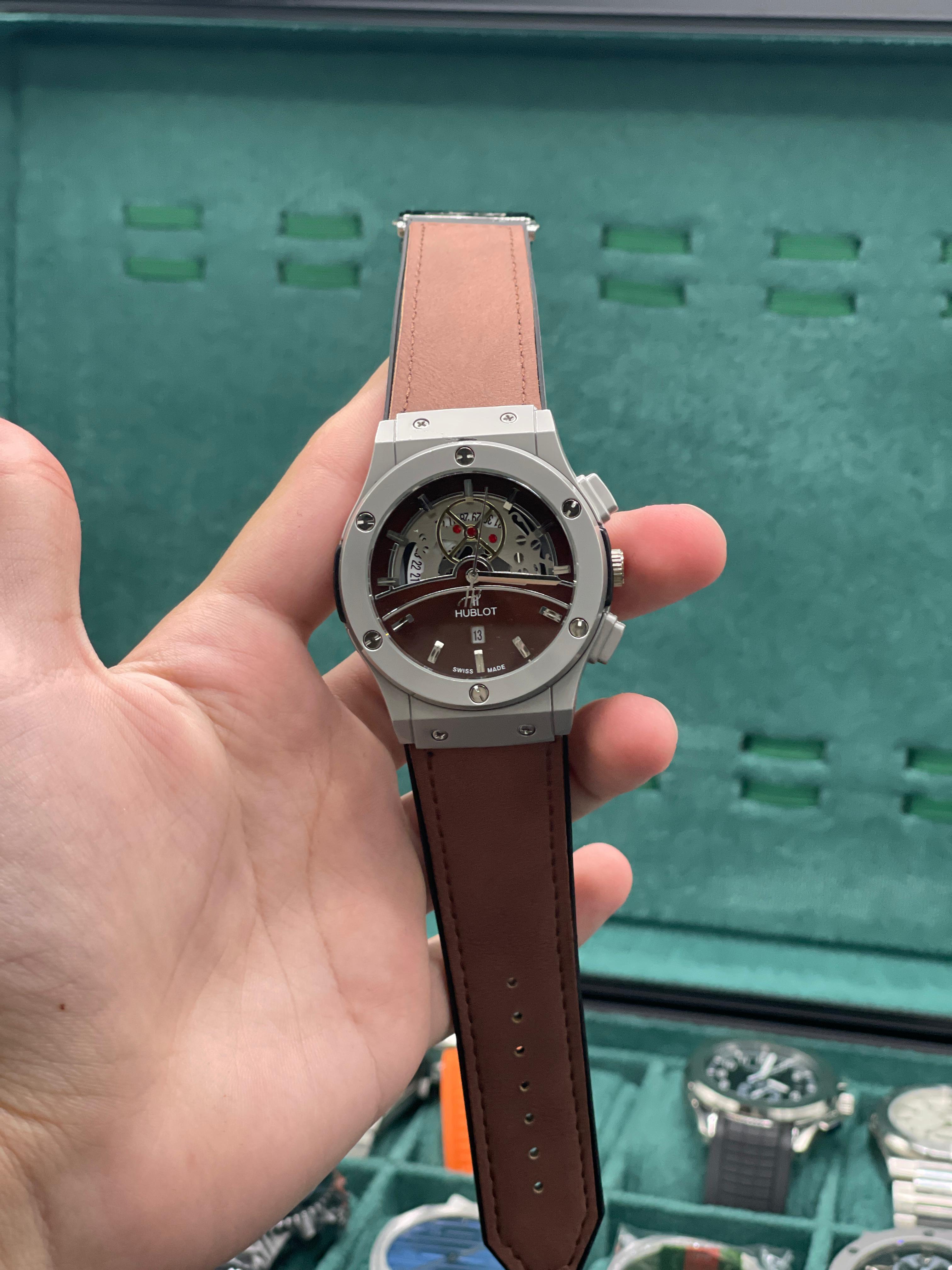 HB Brown Skeleton Dial Automatic Watch with Matte Gray Case and Leather Strap