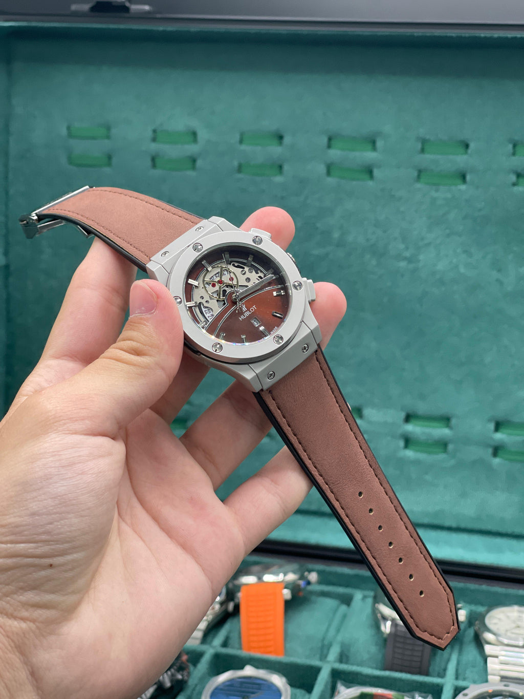 HB Brown Skeleton Dial Automatic Watch with Matte Gray Case and Leather Strap