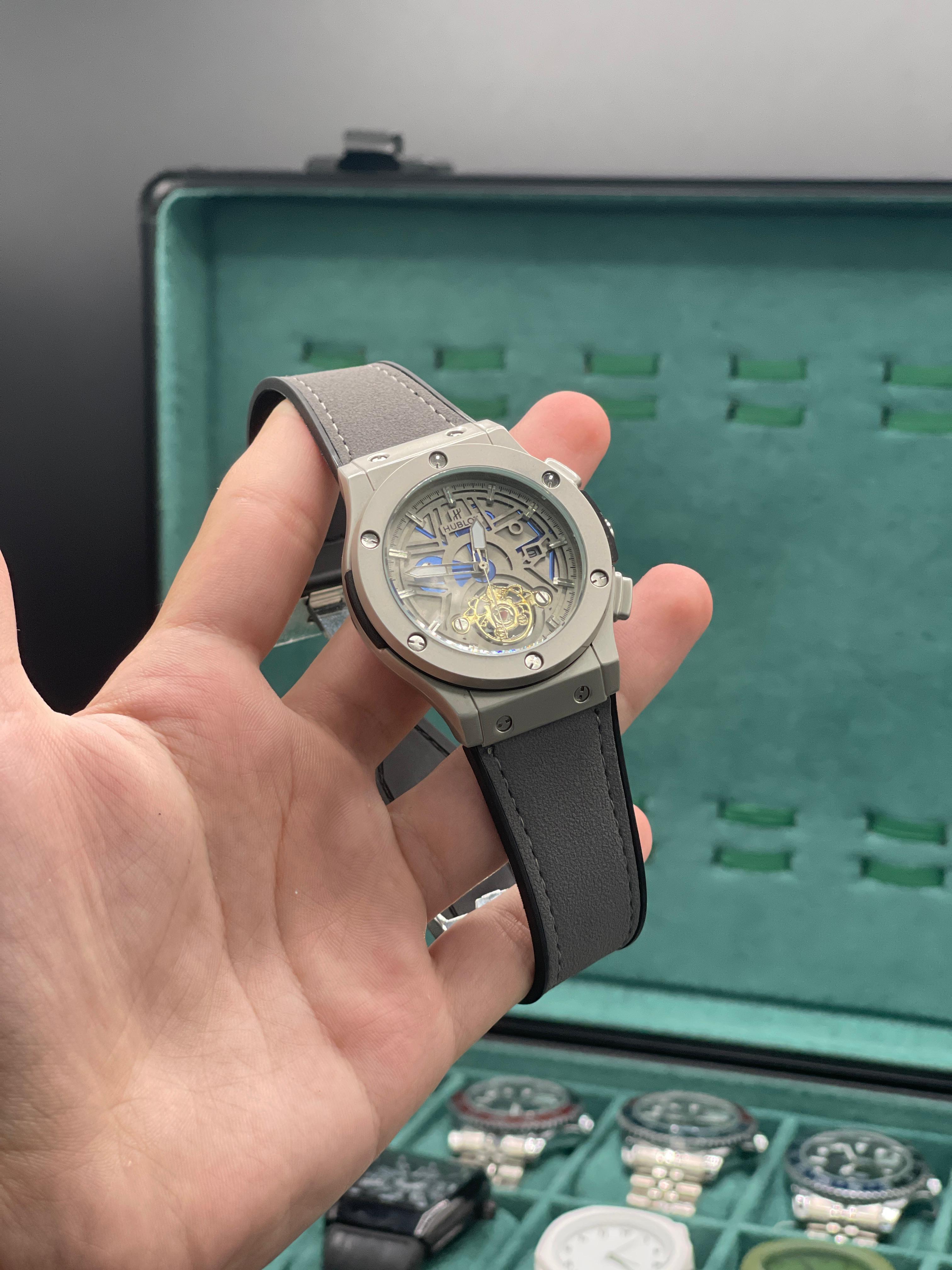 HB Strap Semi Automatic Watch Gray Skeleton Dial Automatic Watch with Blue Accents and Gray Leather Stra