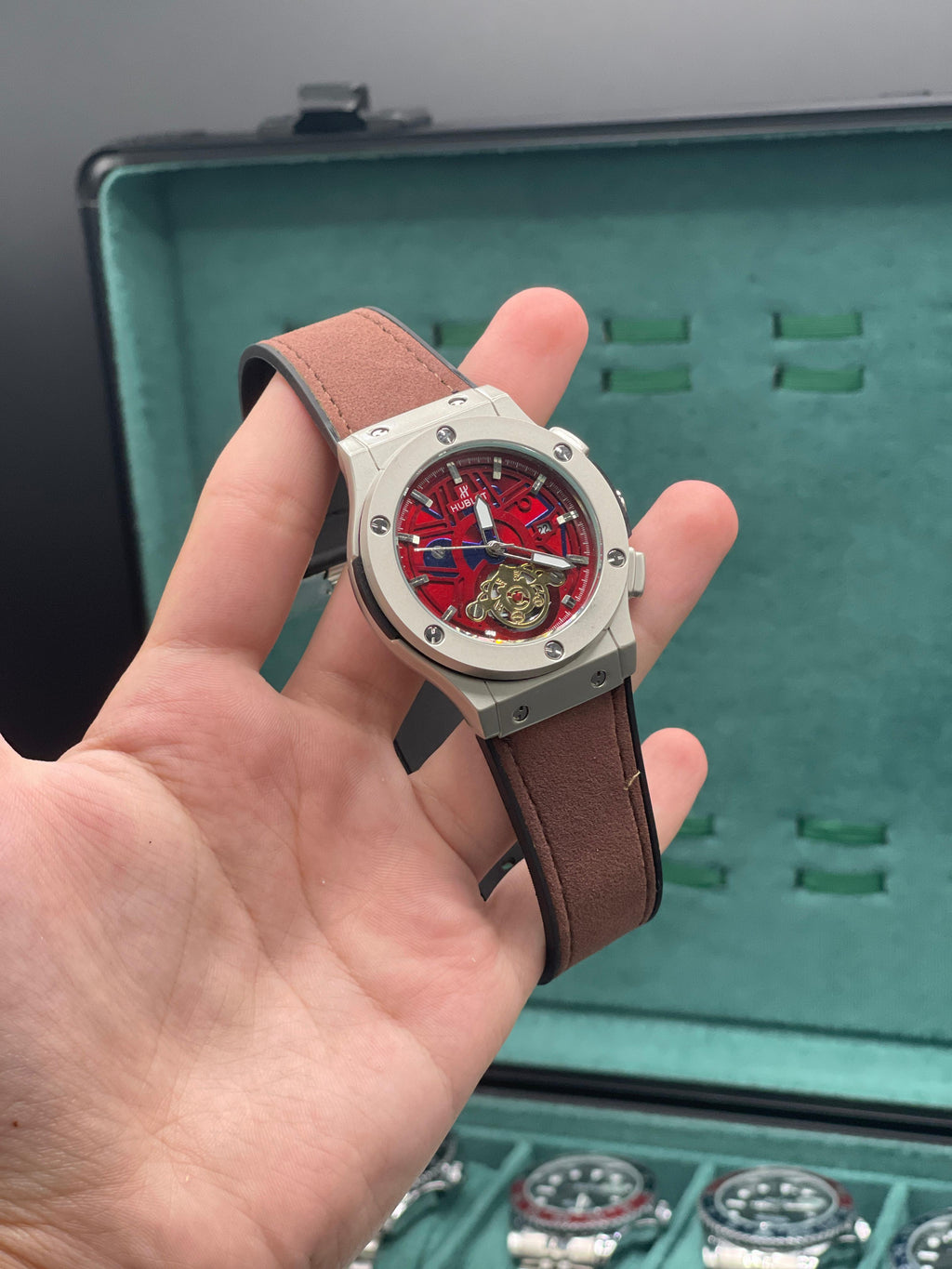 HB Red Skeleton Dial Automatic Watch with Matte Gray Case and Brown Leather Strap