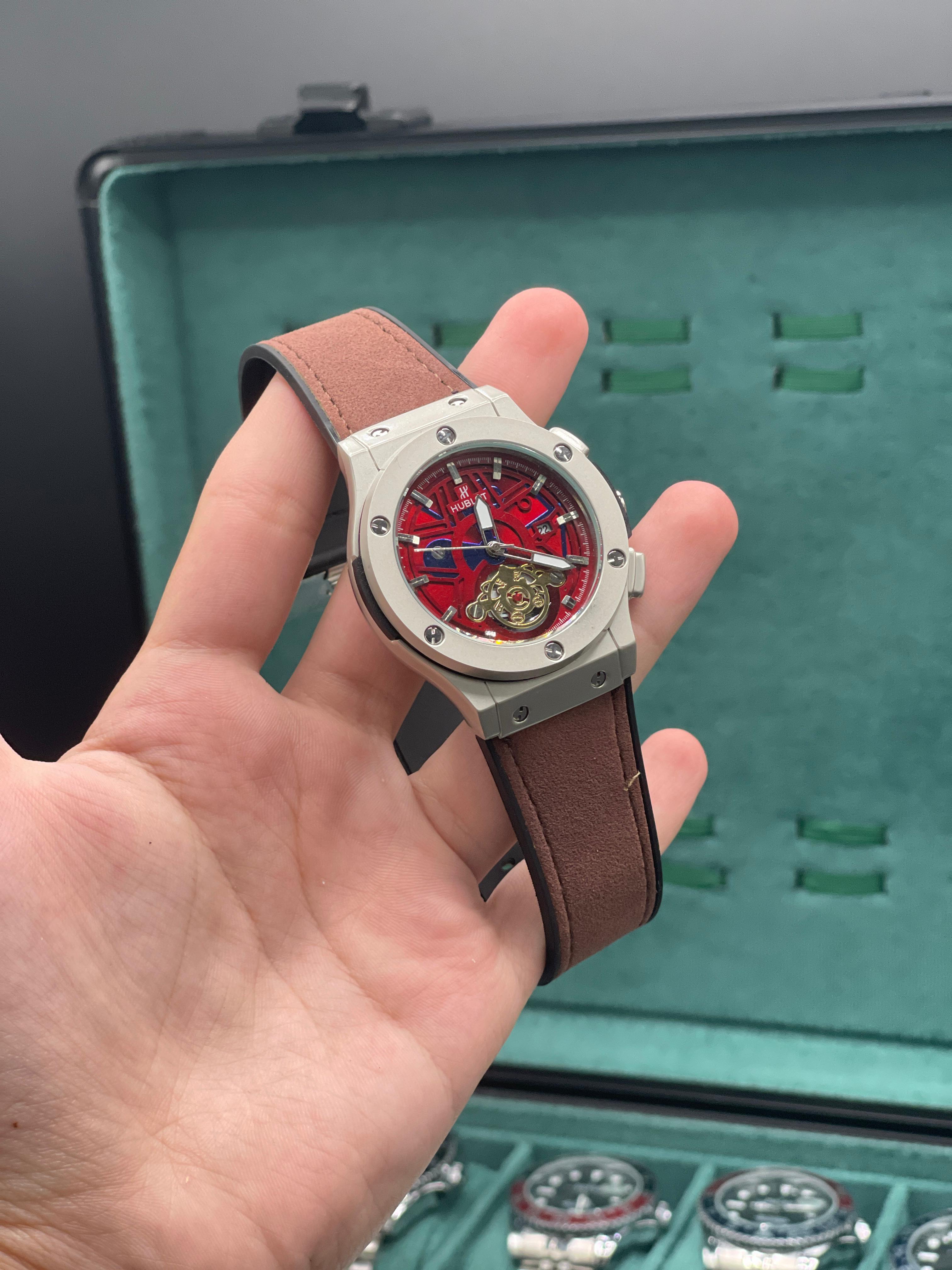 HB Red Skeleton Dial Automatic Watch with Matte Gray Case and Brown Leather Strap